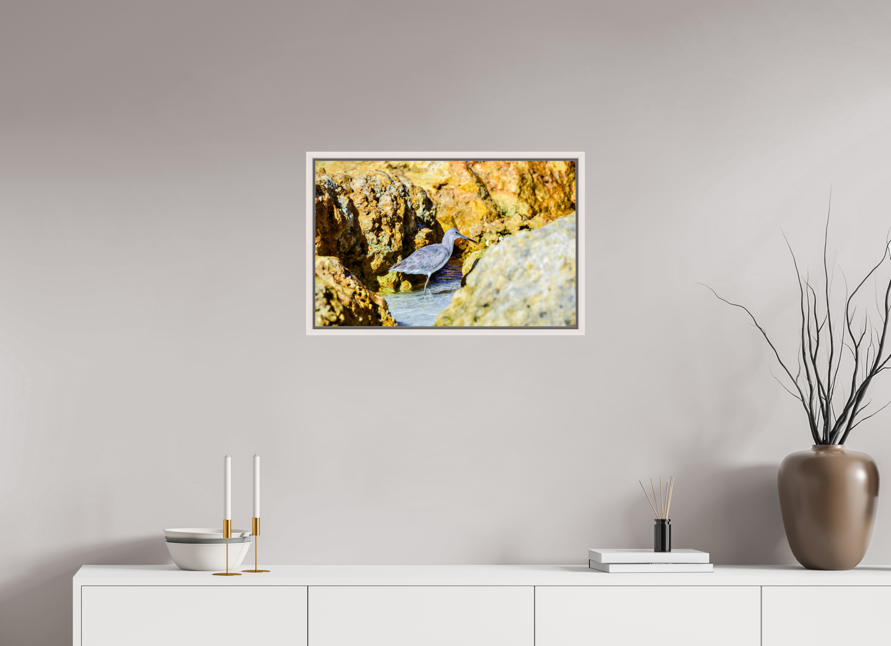 25.2 x 16″, Floater Frame, Basel 0.6", Maple White, Glossy Acrylic Glass The Hiding Willet