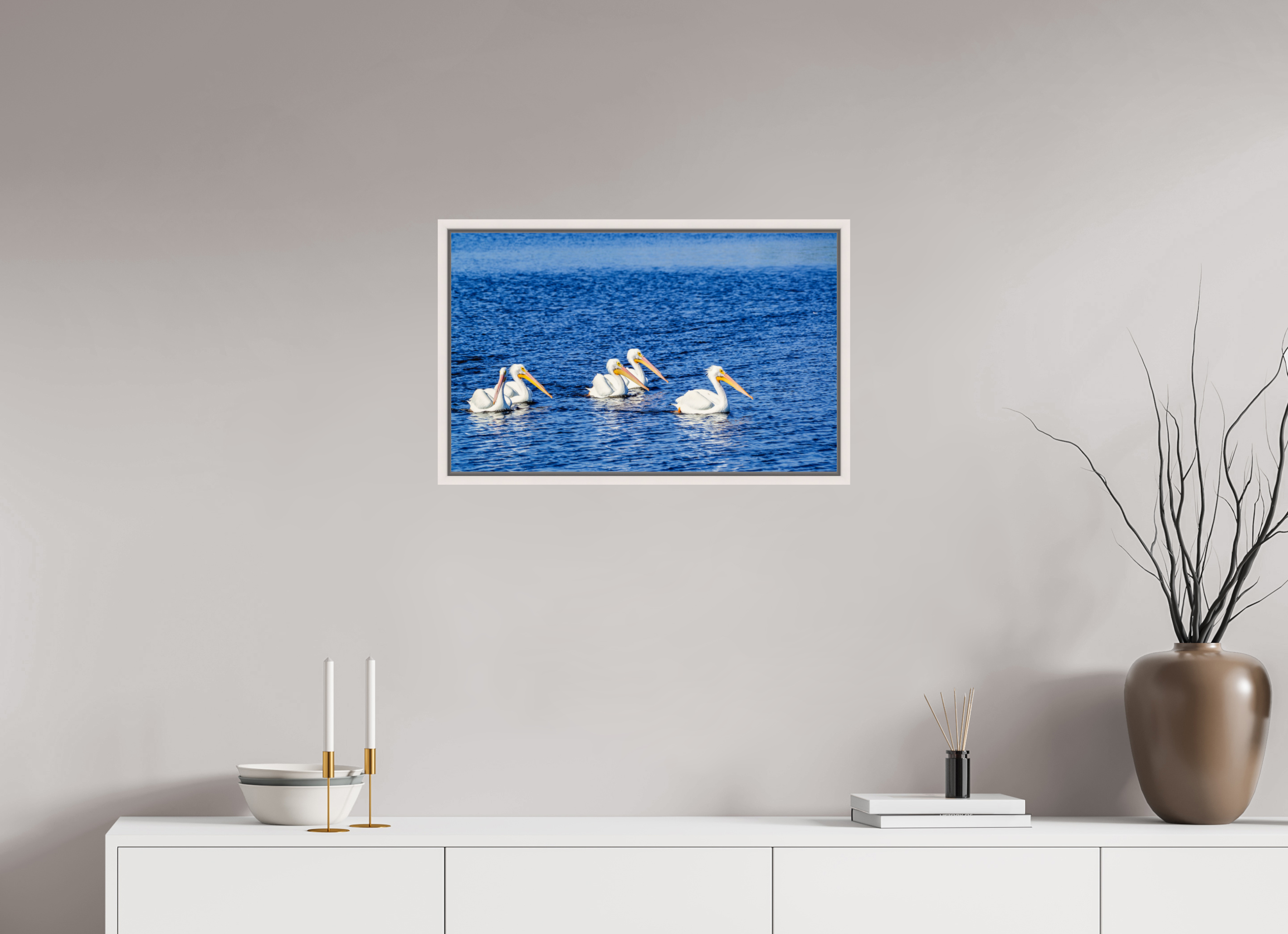 25.8 x 16″, Floater Frame, Basel 0.6", Maple White, Glossy Acrylic Glass Gliding in Unison
