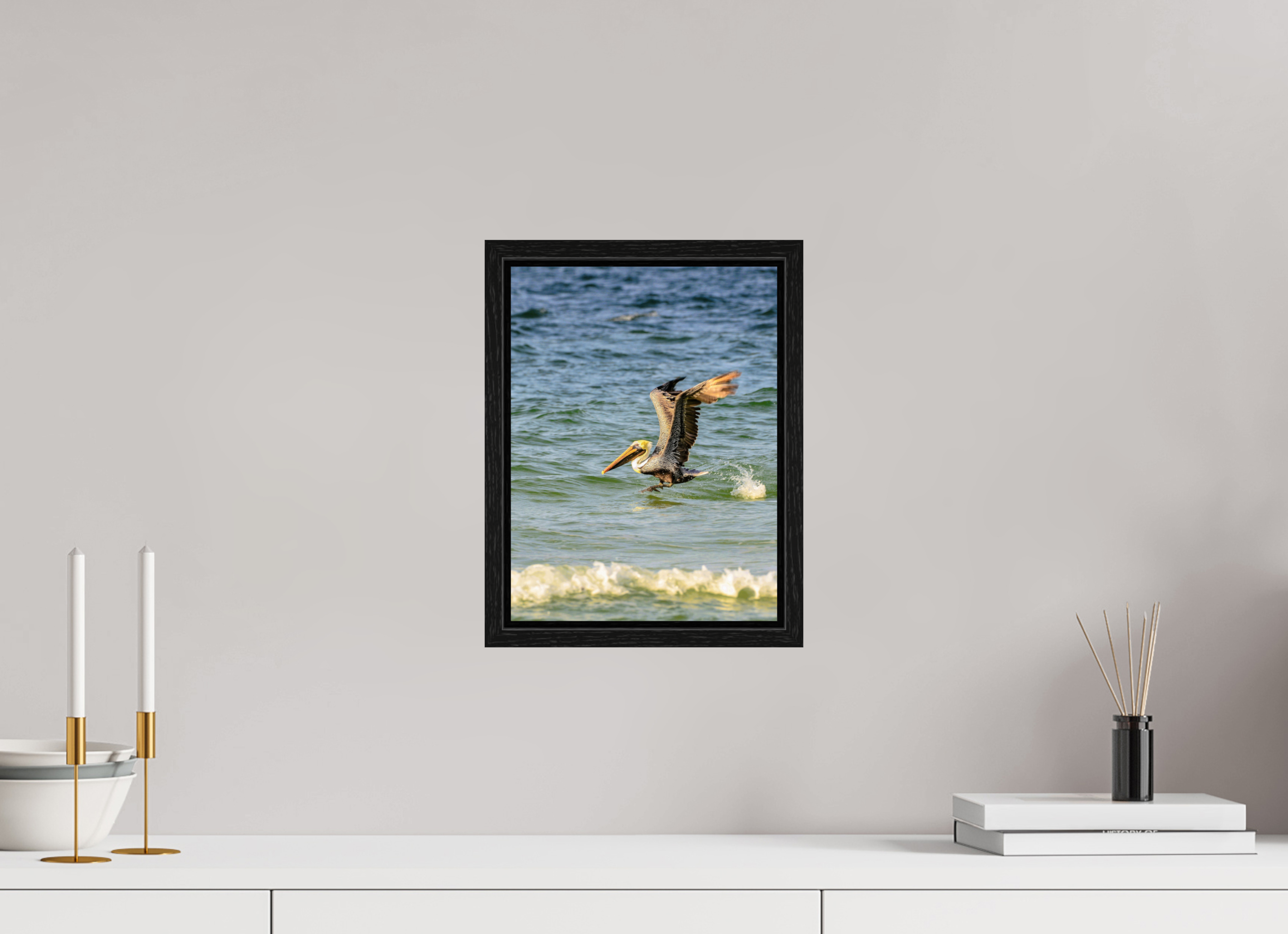 9 x 12″, Floater Frame Pelican in Flight