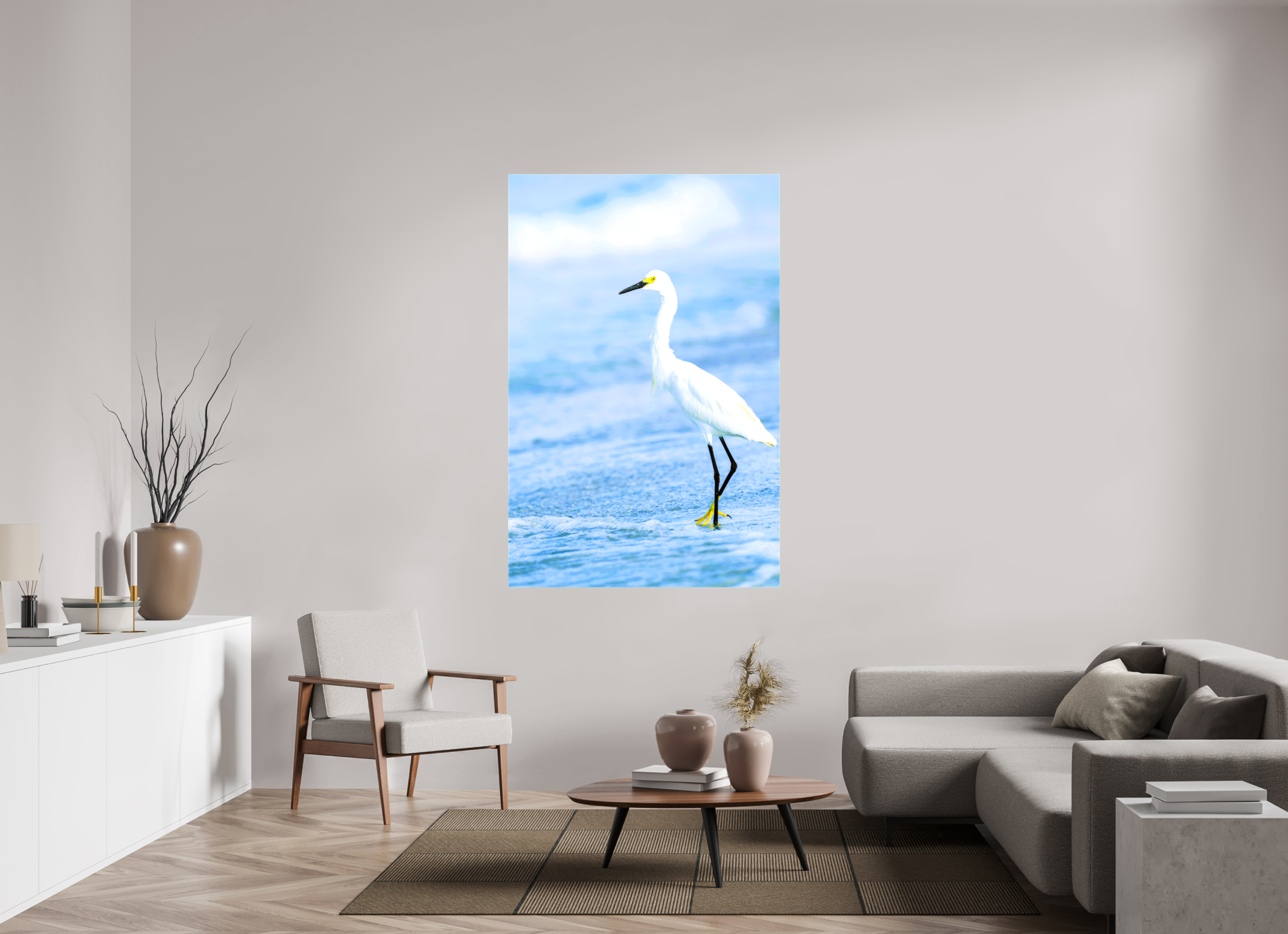 43 x 65.6″, Glossy Canvas on Stretcher Frame, 1,57" Wrapped Snowy Egret in Azure