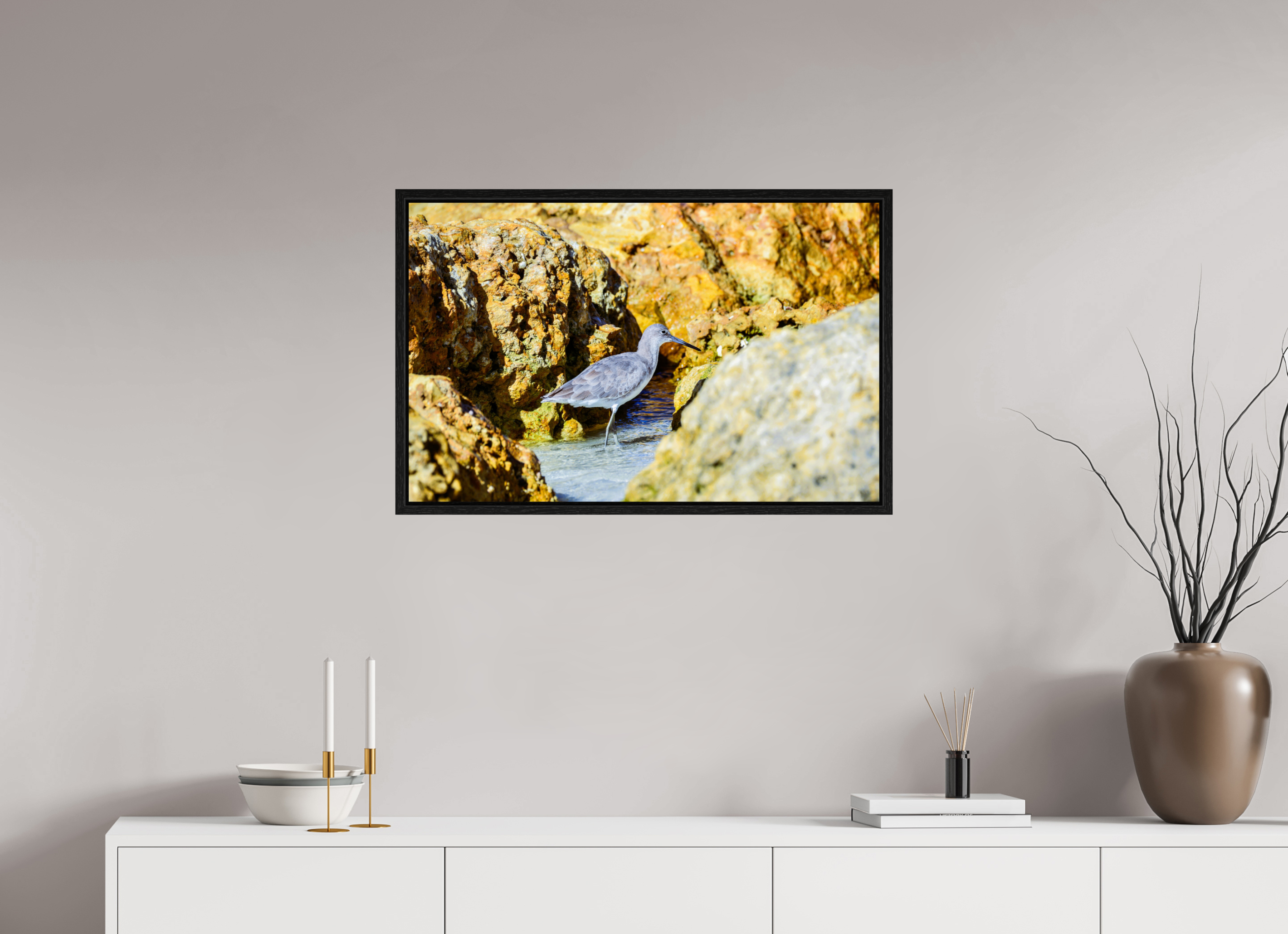 31.5 x 20″, Floater Frame The Hiding Willet