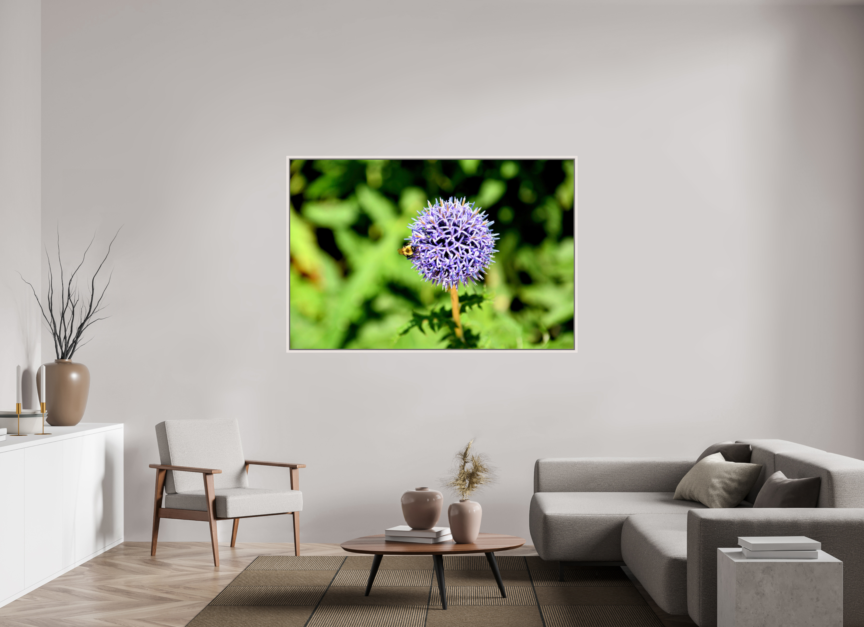 66 x 44″, Floater Frame, Basel 0.6", Maple White, Glossy Acrylic Glass The Bee & The Globe Thistle (Echinops)