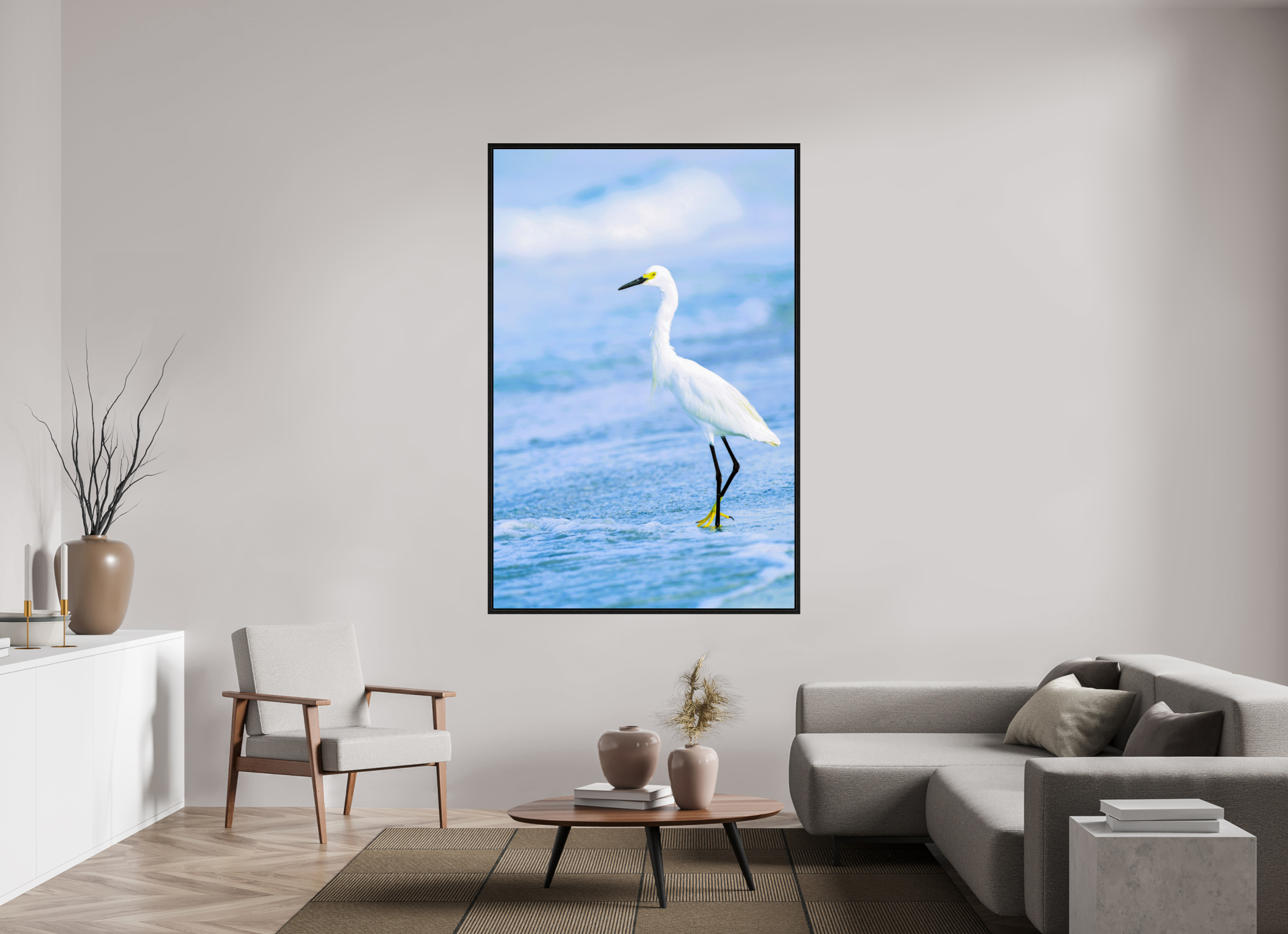 47 x 71.7″, Floater Frame, Basel 0.6", Black Oak, Glossy Acrylic Glass Snowy Egret in Azure