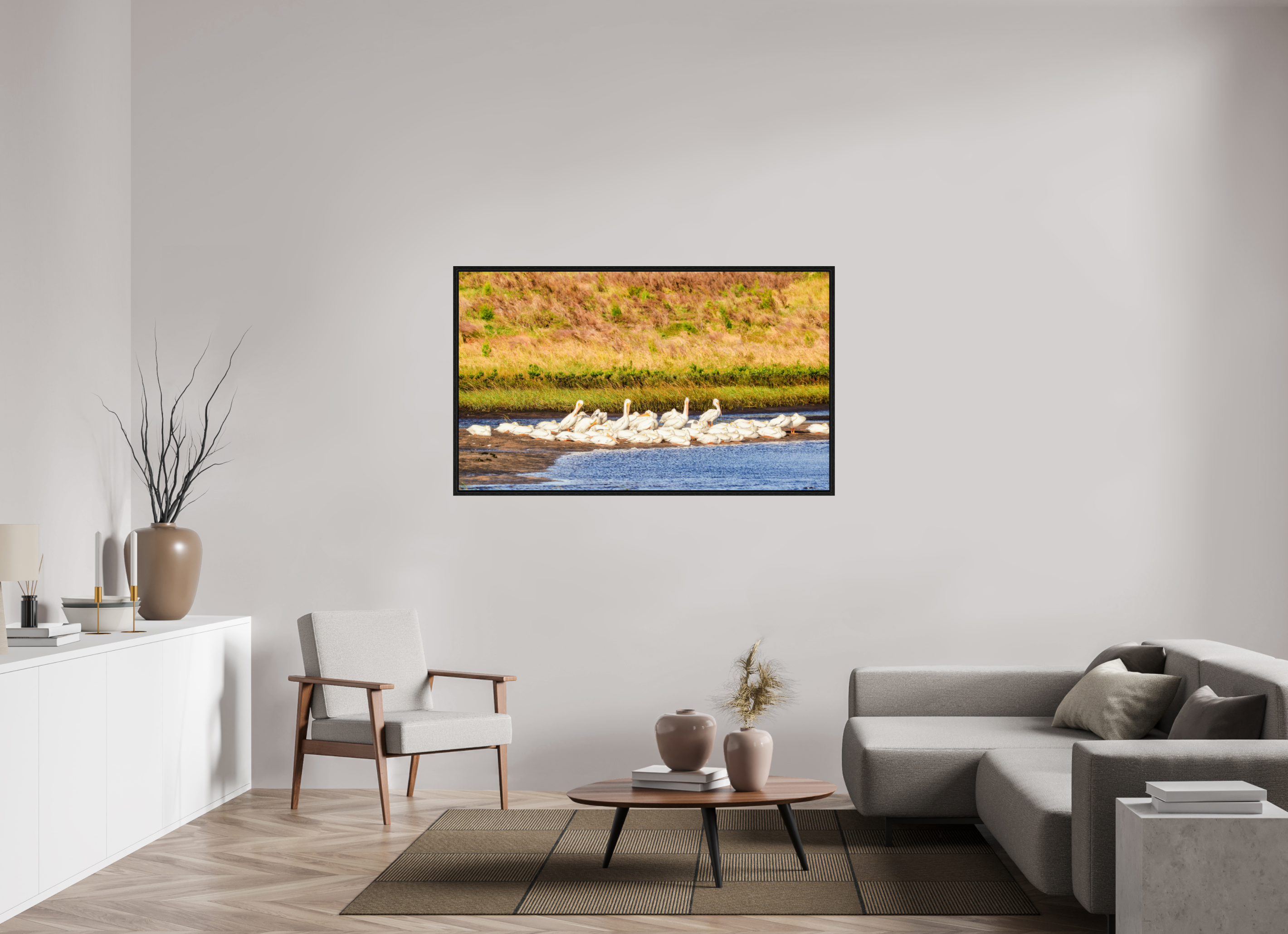 59.3 x 35″, Floater Frame White Pelicans Golden Hour Gathering