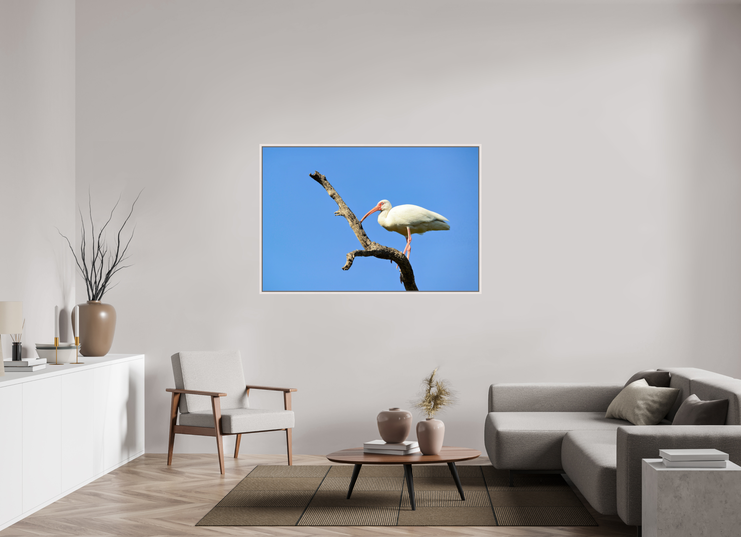 60 x 40″, Floater Frame, Basel 0.6", Maple White, Glossy Acrylic Glass Azure Solitude: The American White Ibis
