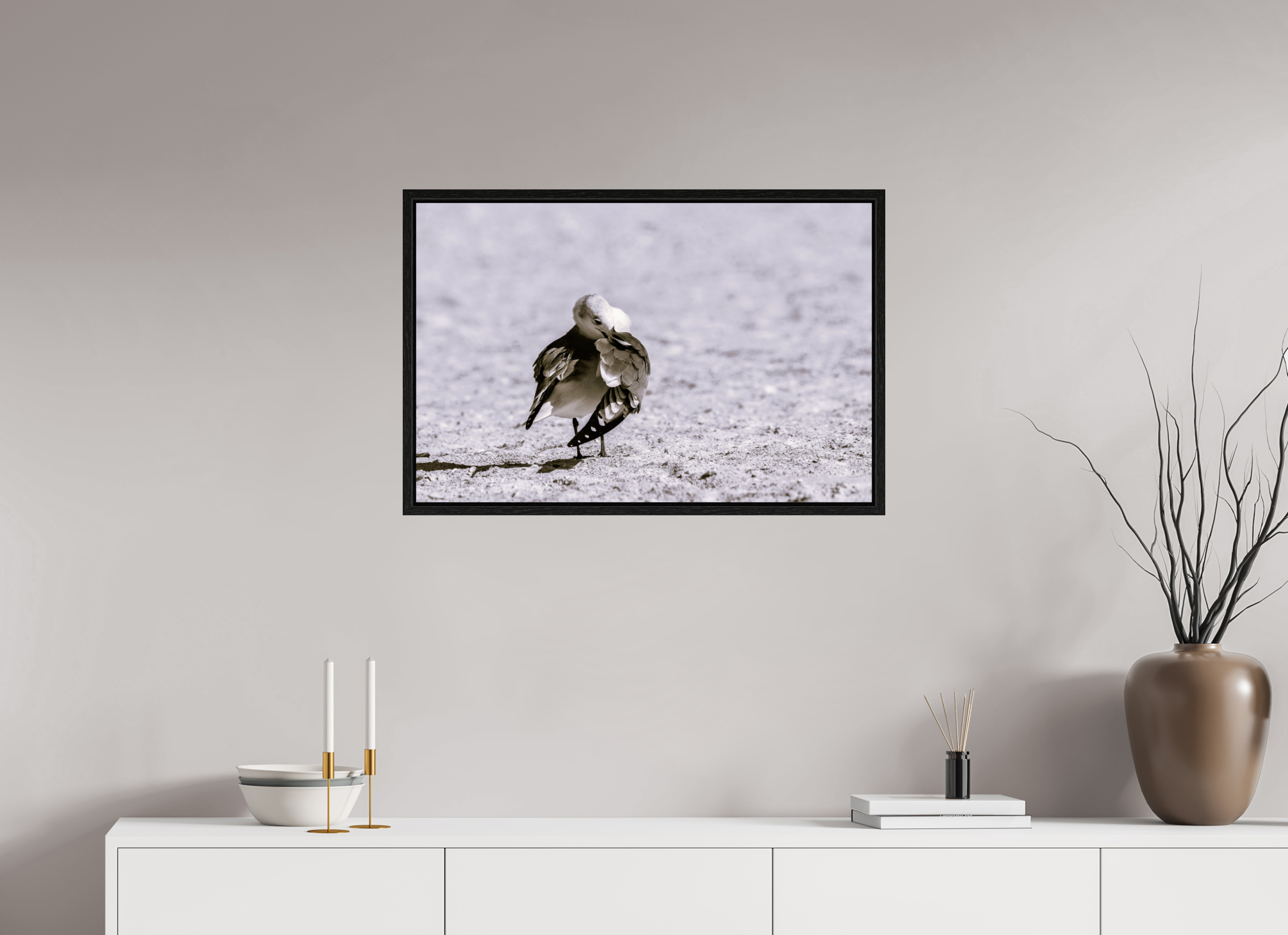 30.5 x 20″, Floater Frame A Monochrome Gull Preening
