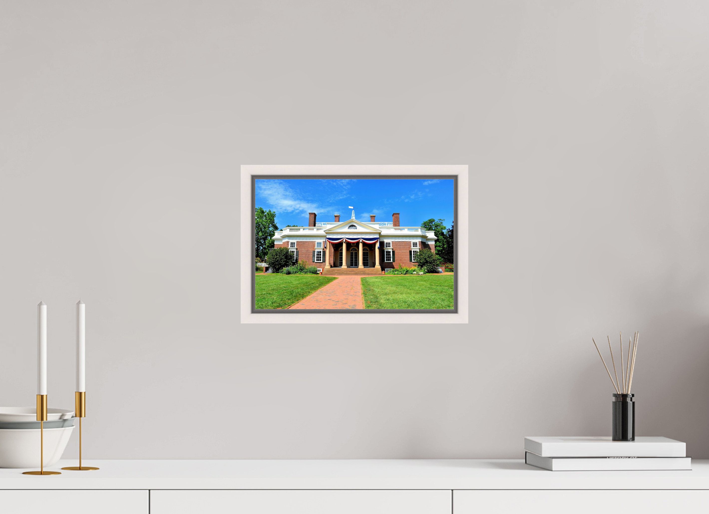 12.2 x 8″, Floater Frame, Basel 0.6", Maple White, Glossy Acrylic Glass Jefferson’s Masterpiece: Monticello at Midday