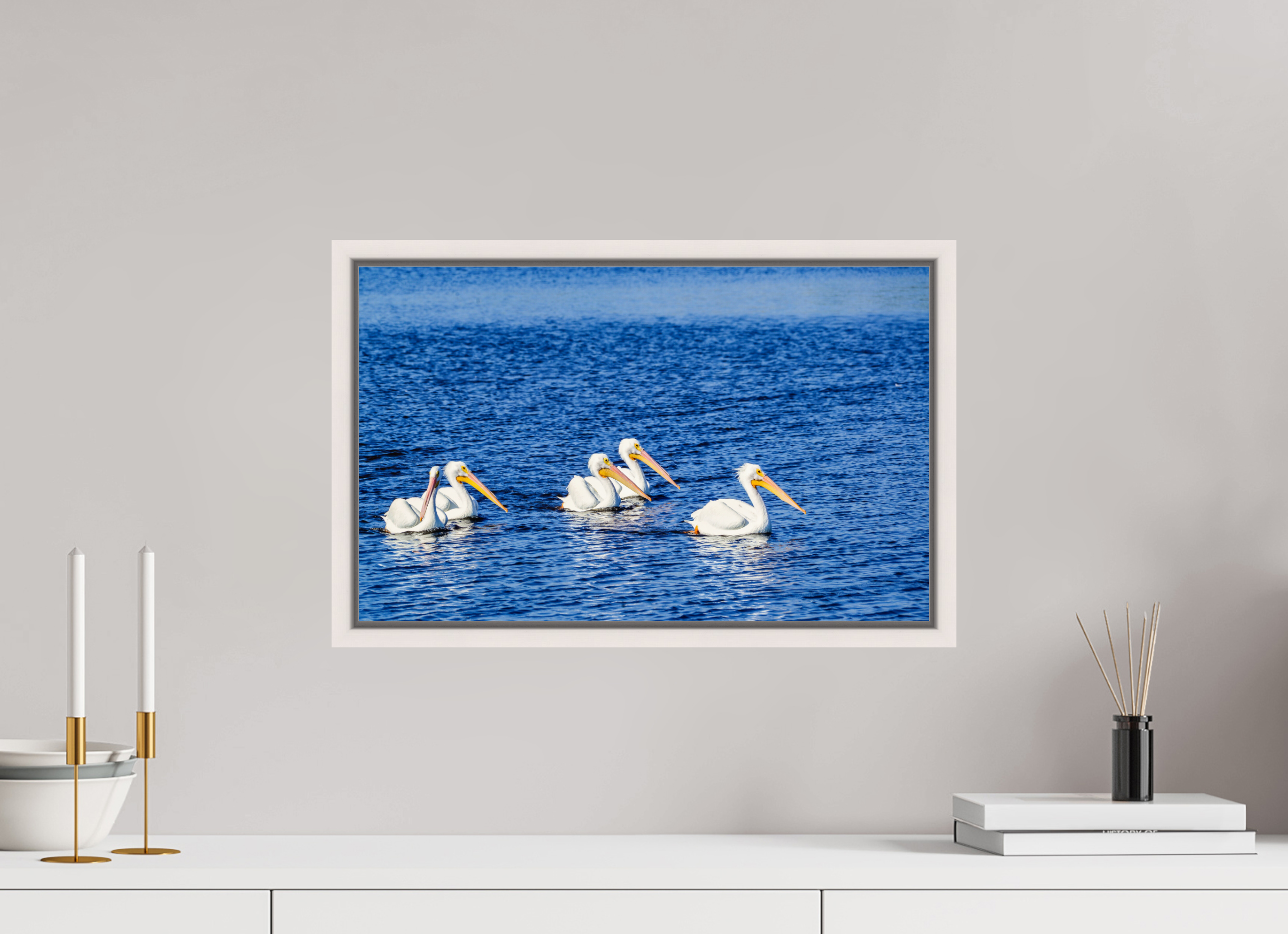 19.3 x 12″, Floater Frame, Basel 0.6", Maple White, Glossy Acrylic Glass Gliding in Unison