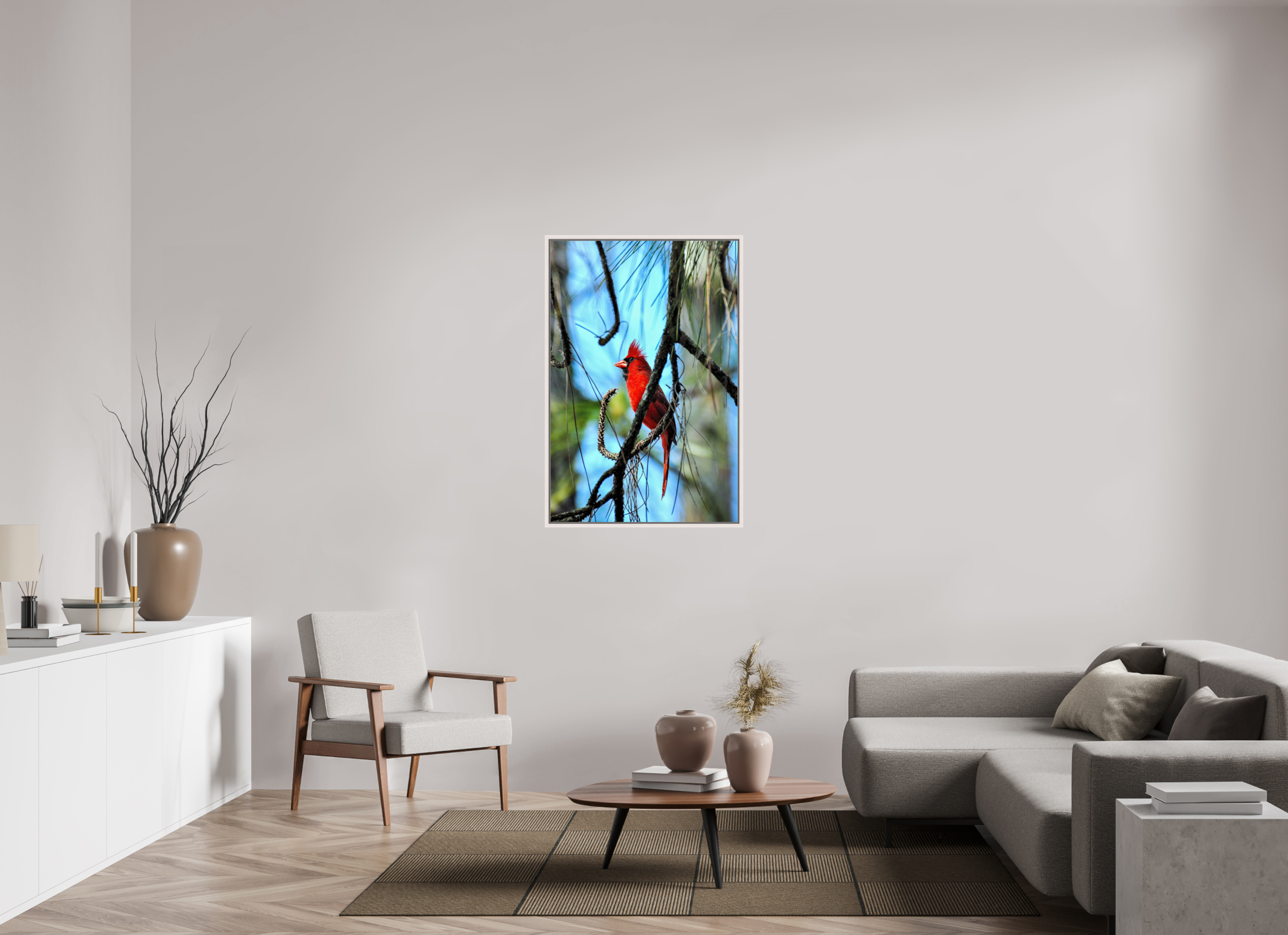 30 x 45″, Floater Frame, Basel 0.6", Maple White, Glossy Acrylic Glass The Corkscrew Cardinal