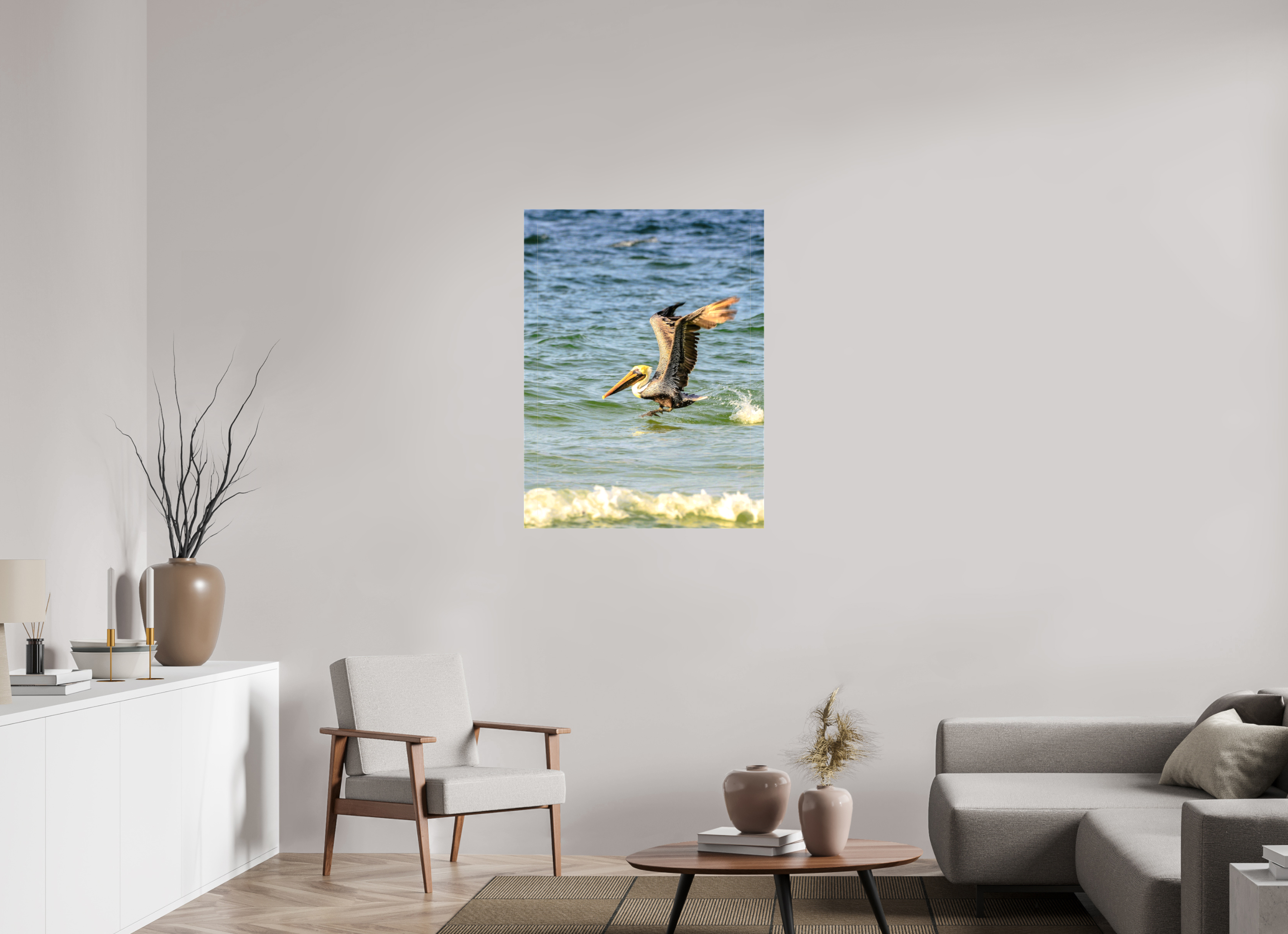 30 x 40″, Glossy Canvas on Stretcher Frame, 1,57" Wrapped Pelican in Flight