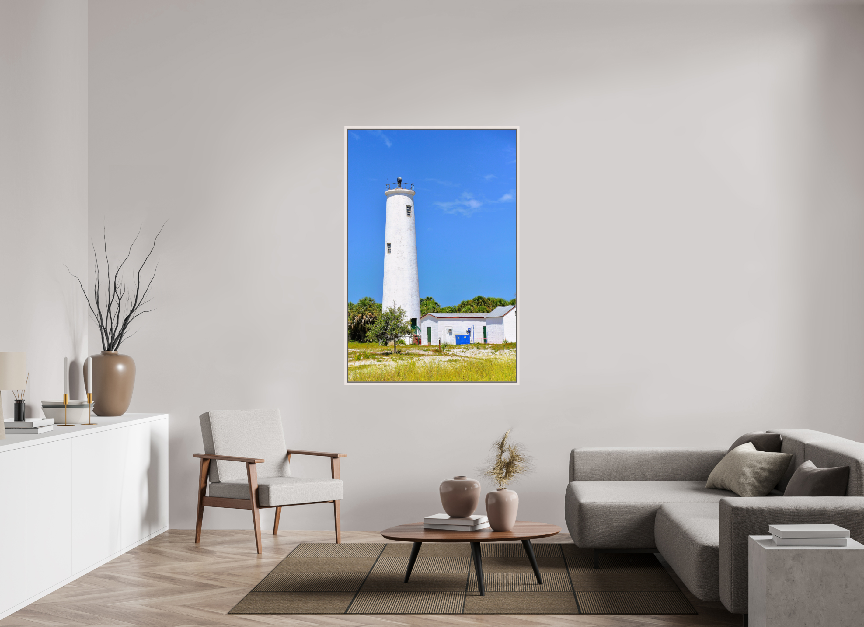 40 x 60″, Floater Frame, Basel 0.6", Maple White, Glossy Acrylic Glass Egmont Key Lighthouse