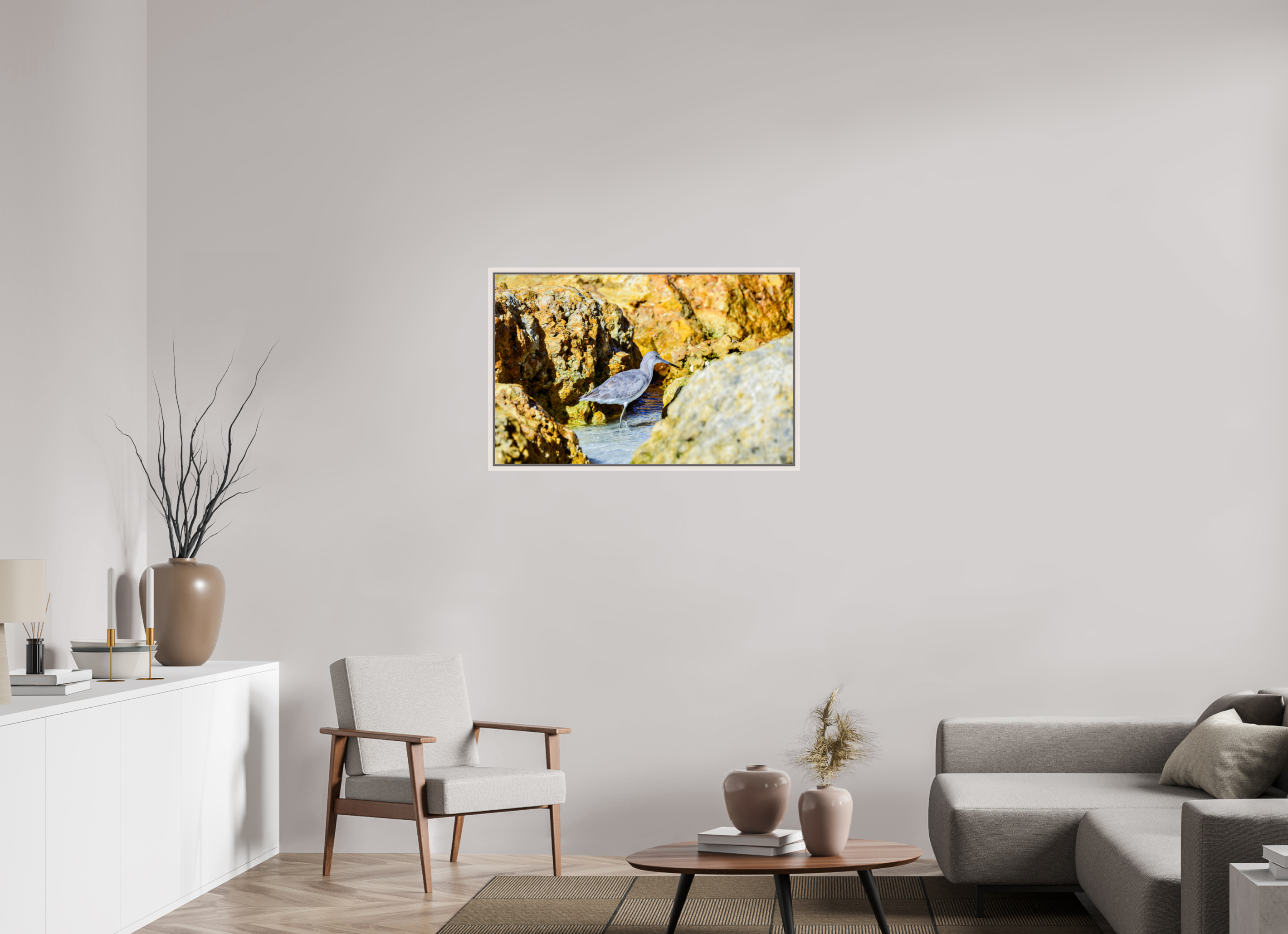 37.8 x 24″, Floater Frame, Basel 0.6", Maple White, Glossy Acrylic Glass The Hiding Willet