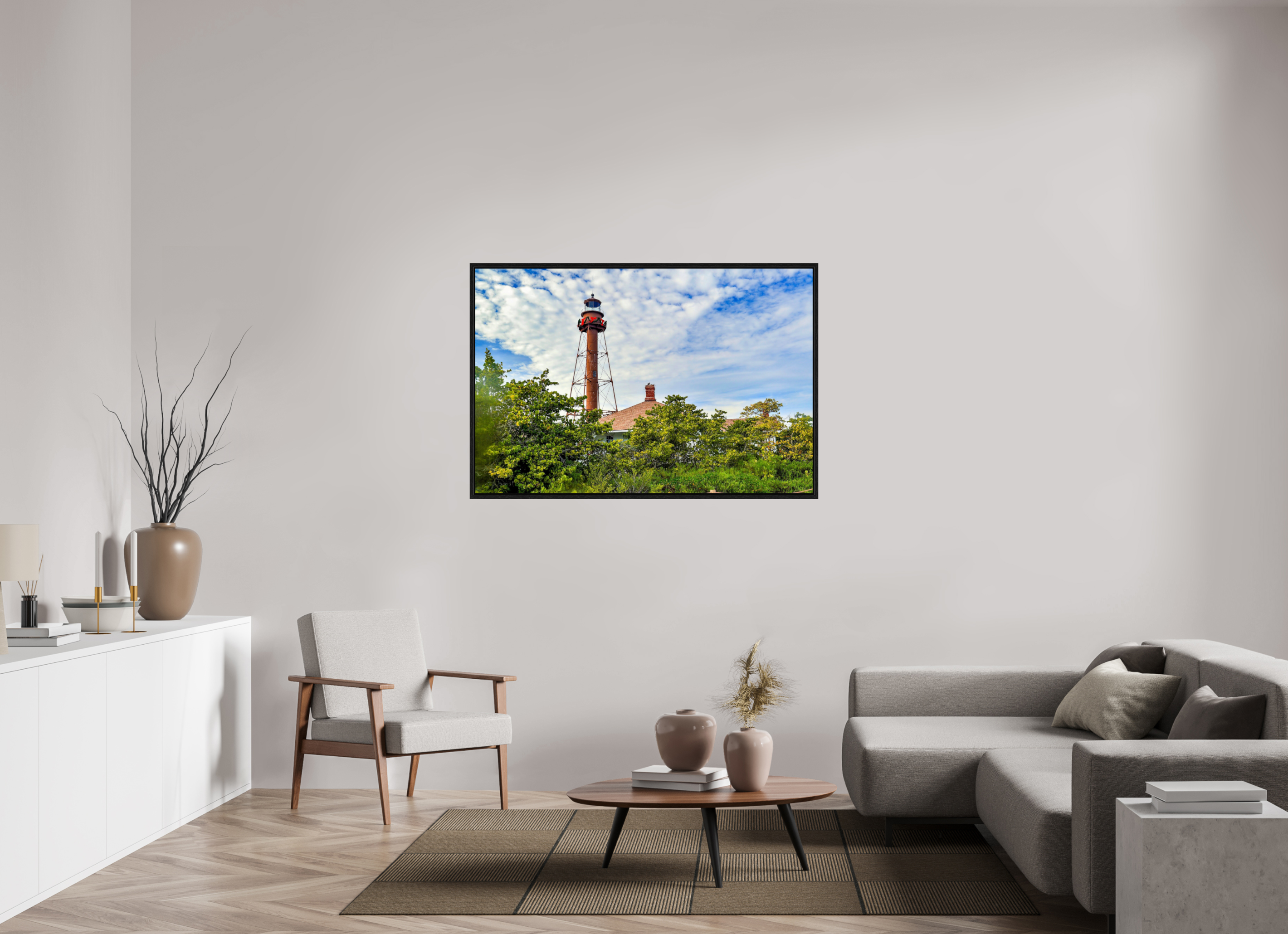 54 x 36″, Floater Frame Sanibel Island Lighthouse – Holiday Edition