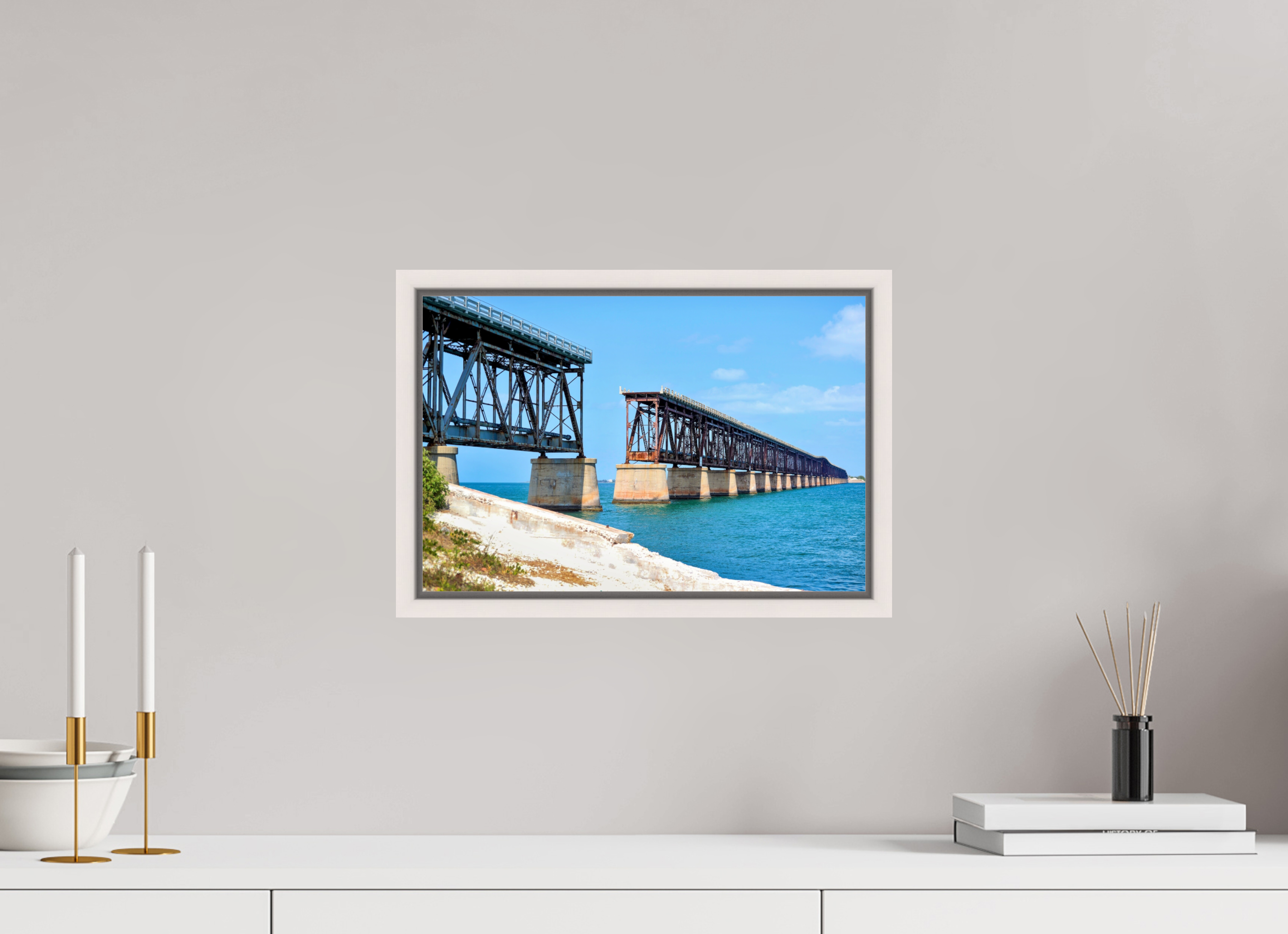 15 x 10″, Floater Frame, Basel 0.6", Maple White, Glossy Acrylic Glass Old Bahia Honda Bridge