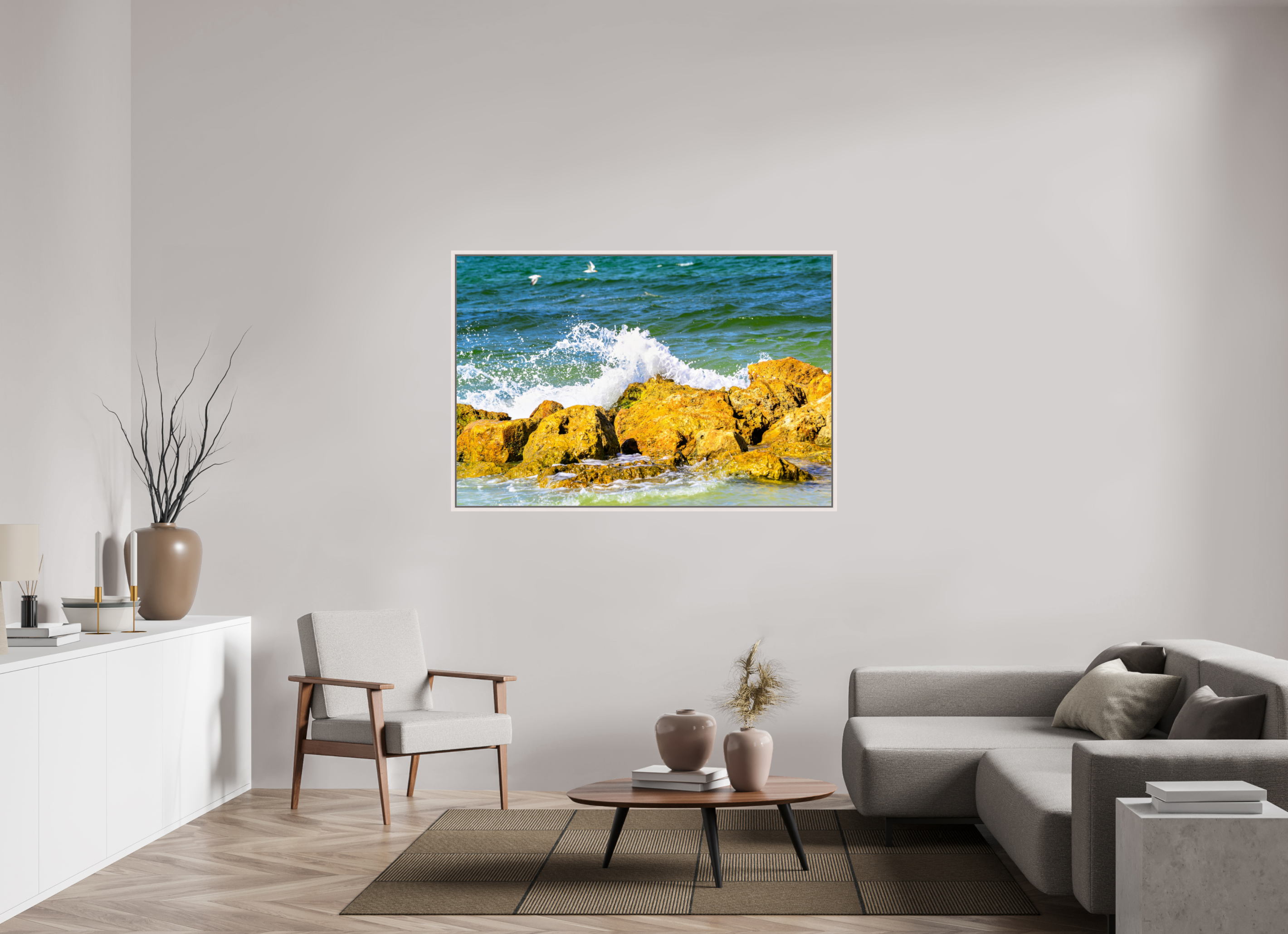 60 x 40″, Floater Frame, Basel 0.6", Maple White, Glossy Acrylic Glass Waves Breaking