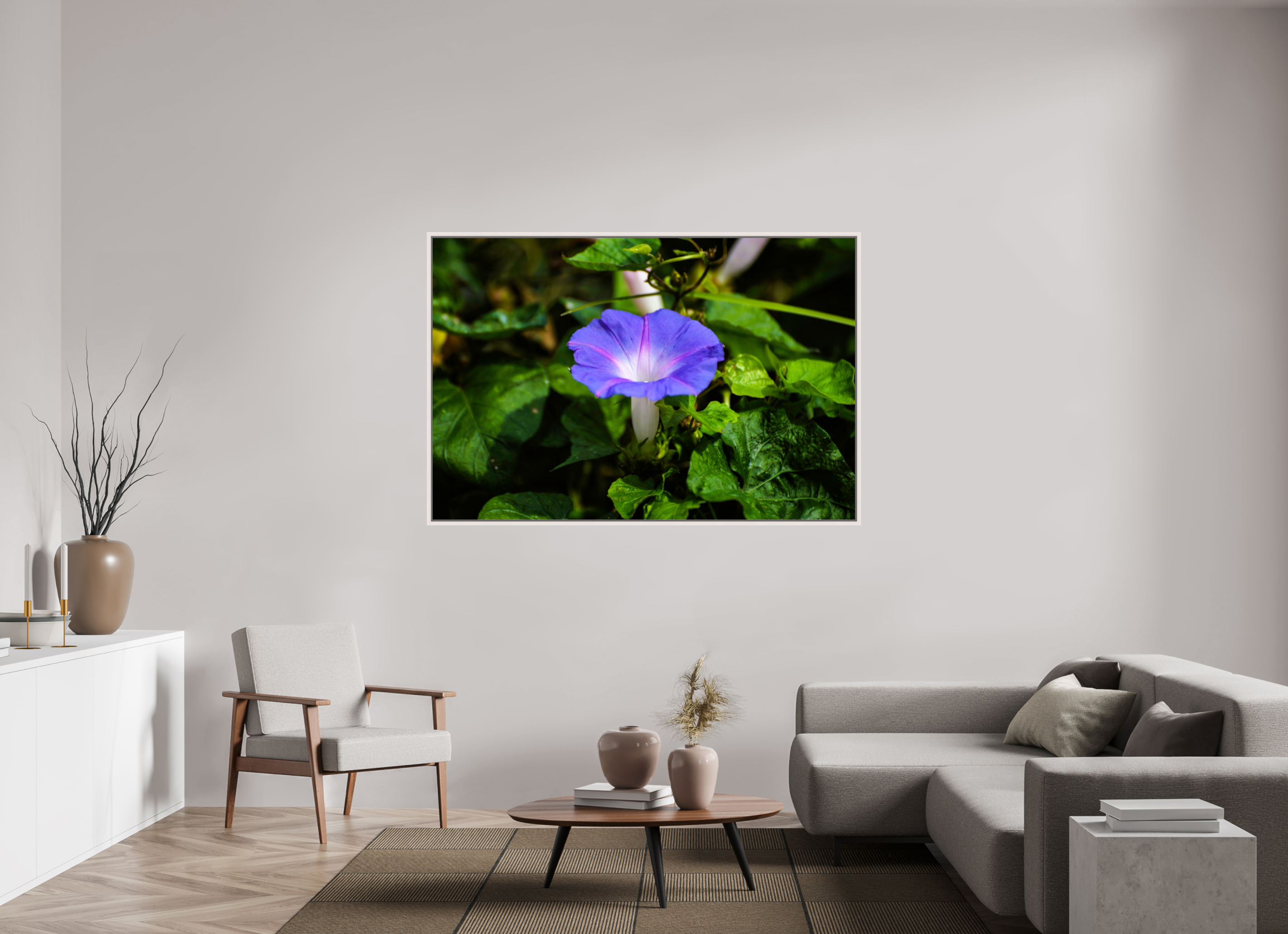 66 x 44″, Floater Frame, Basel 0.6", Maple White, Glossy Acrylic Glass Heavenly Blue Morning Glory