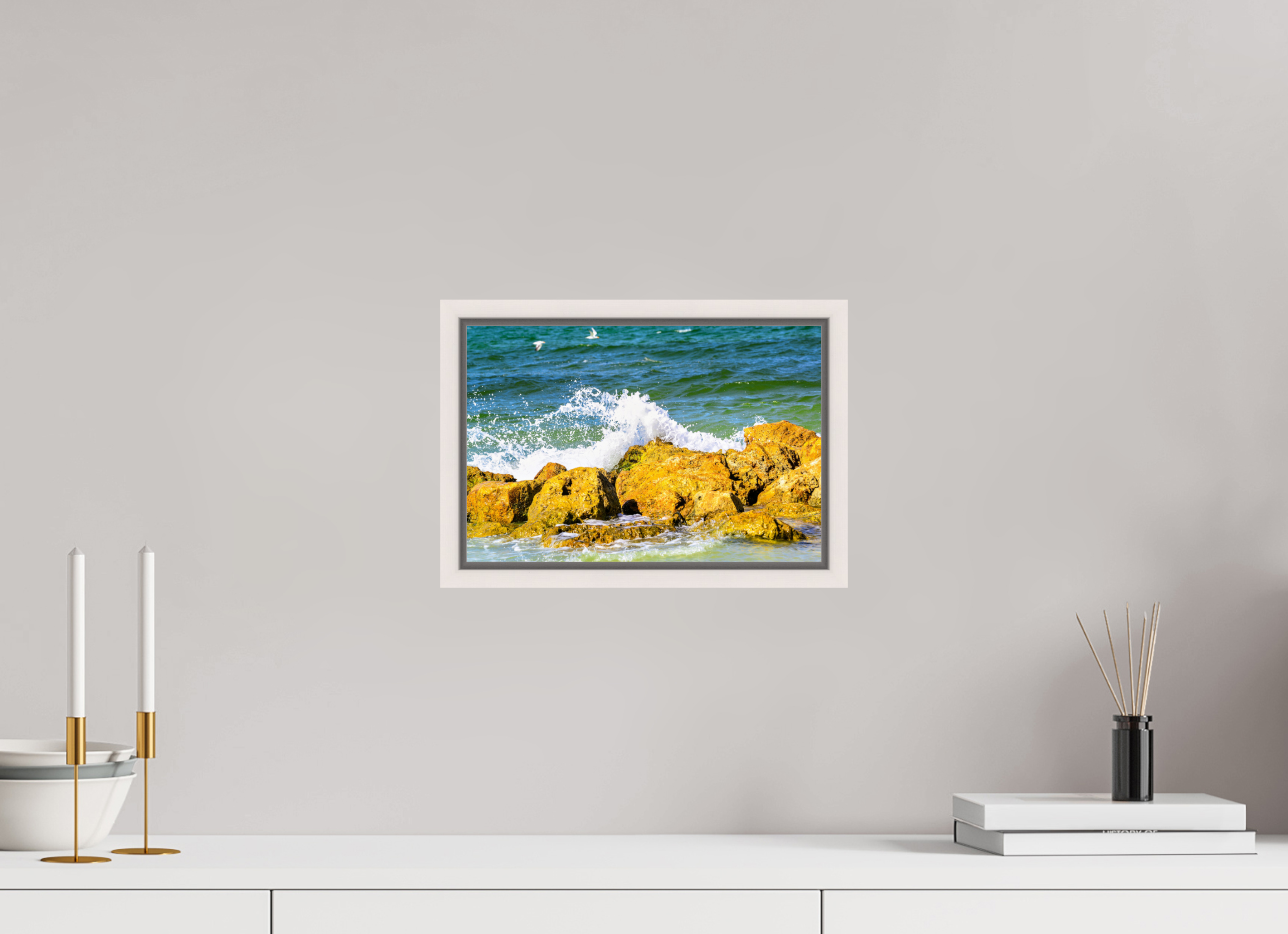 12 x 8″, Floater Frame, Basel 0.6", Maple White, Glossy Acrylic Glass Waves Breaking