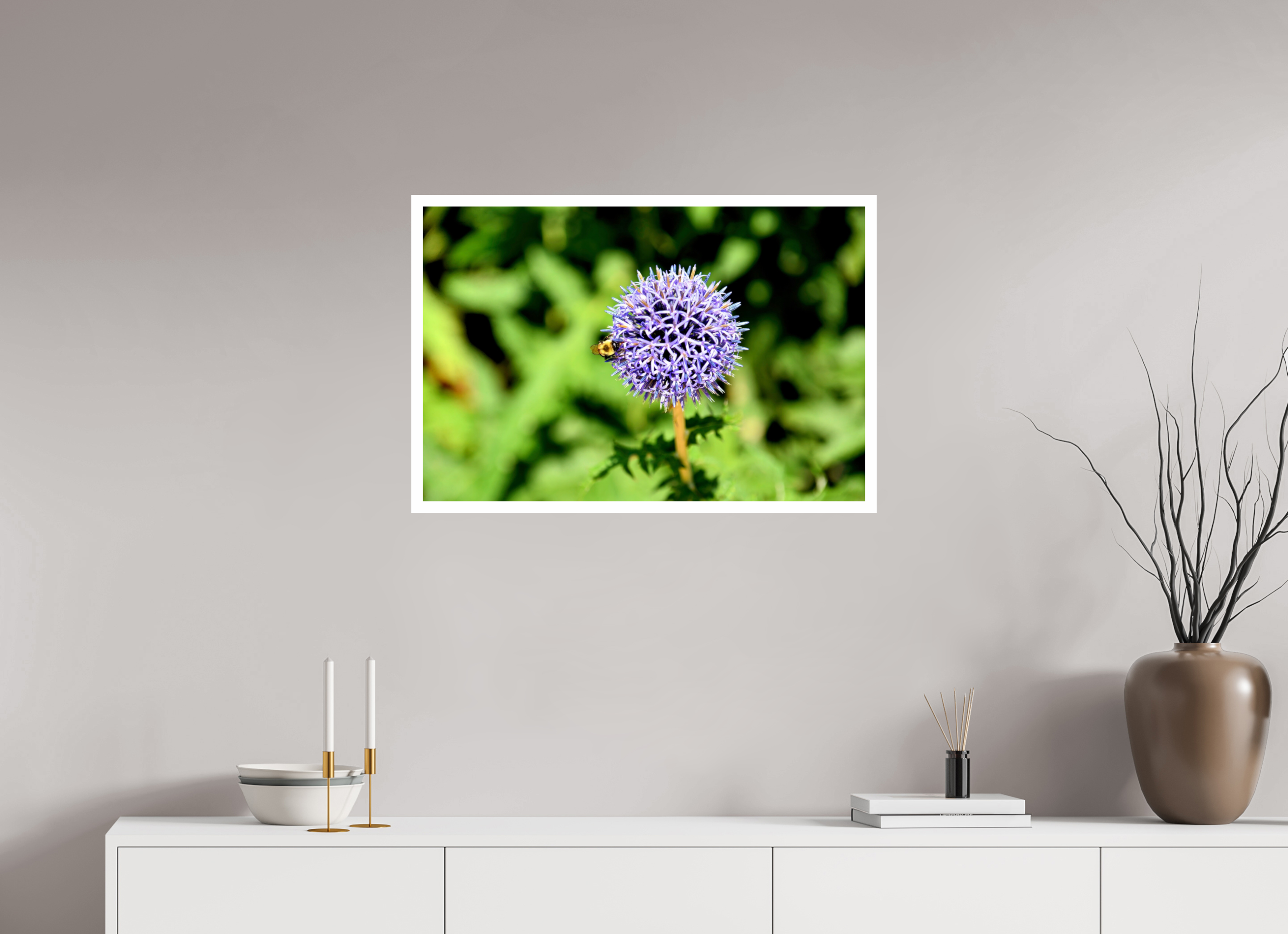 30 x 20″, Hahnemühle FineArt Pearl Print, .79" white border The Bee & The Globe Thistle (Echinops)