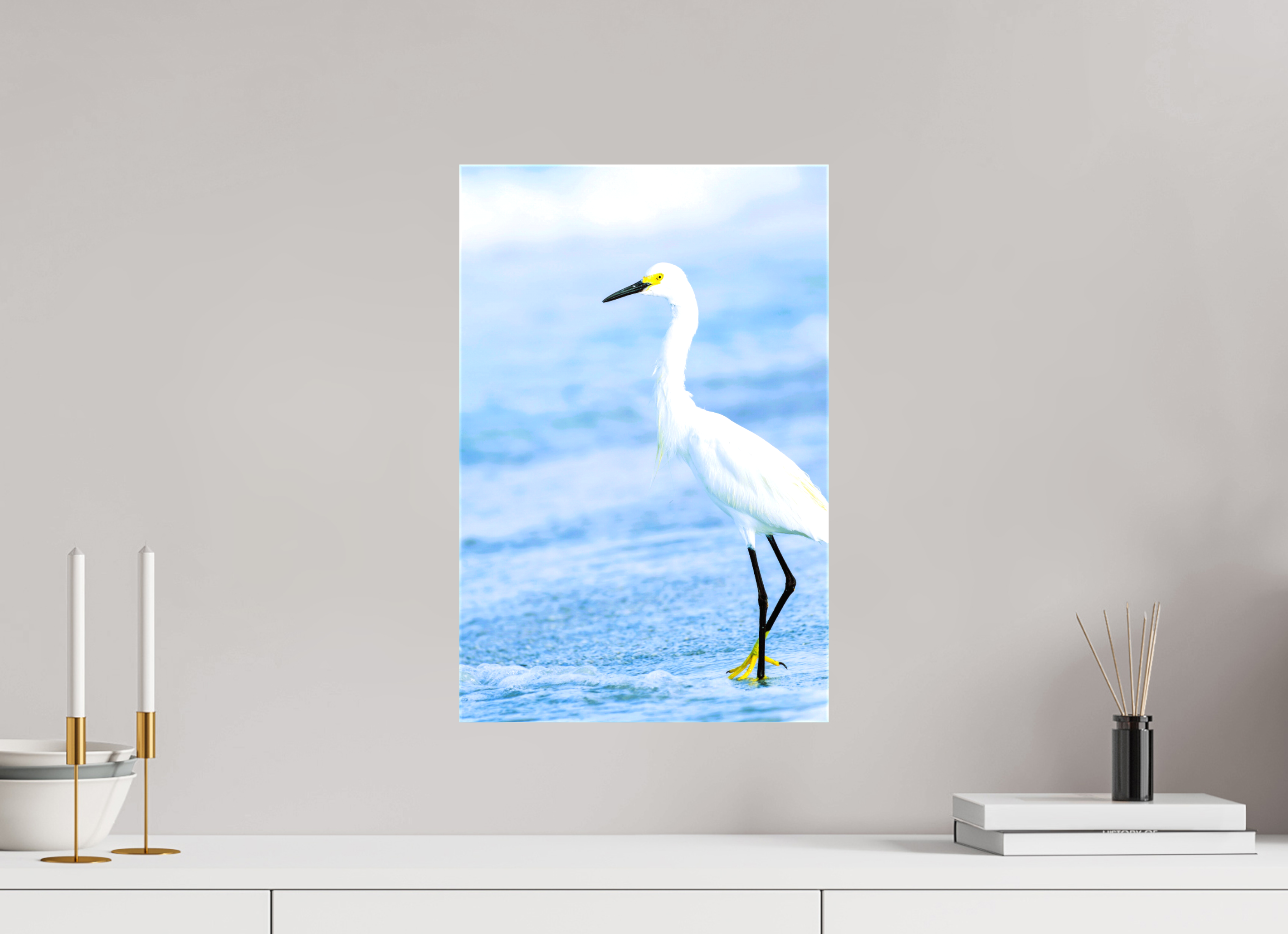 12 x 18.3″, Glossy Canvas on Stretcher Frame, 1,57" Wrapped Snowy Egret in Azure