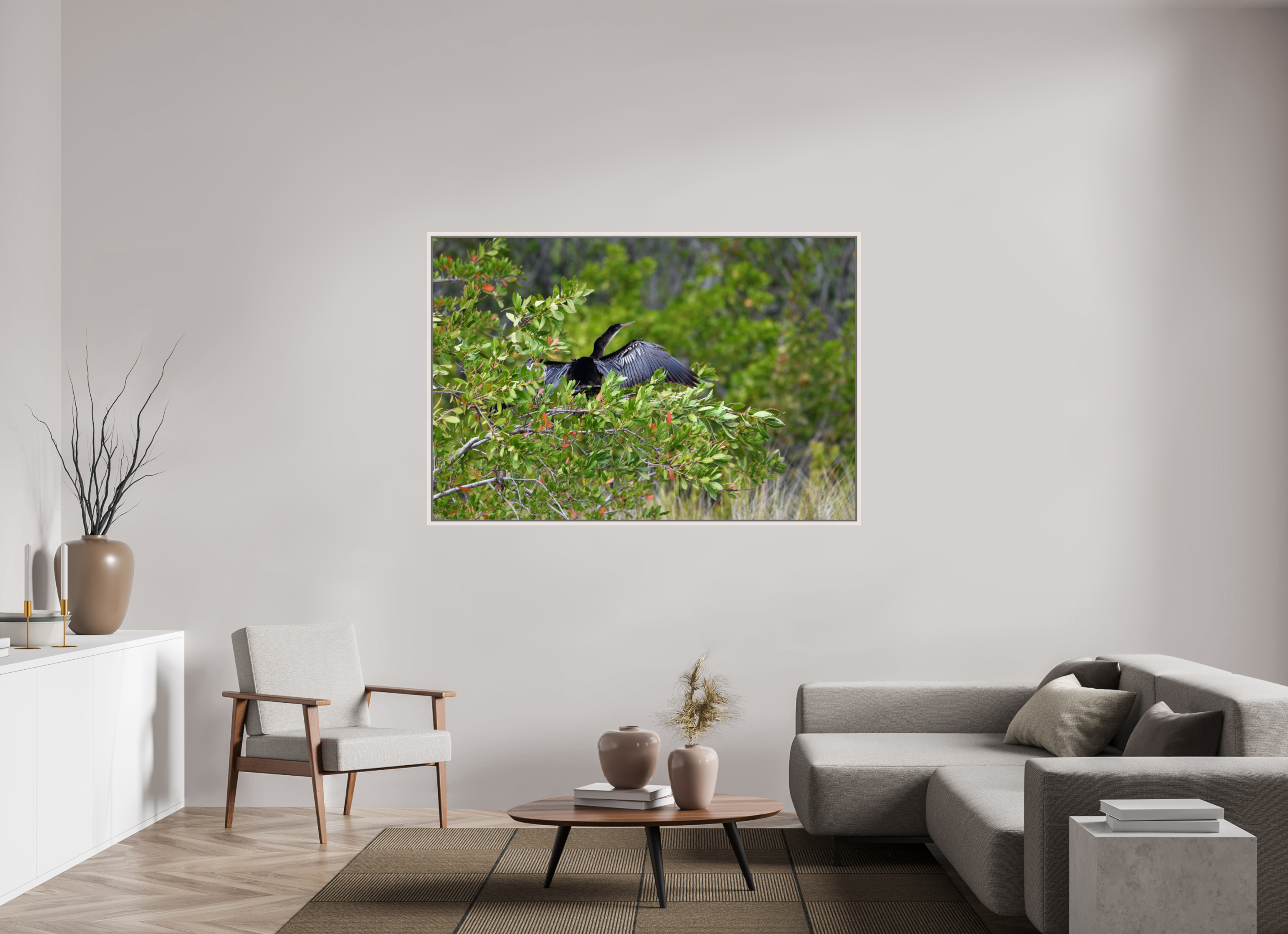 66 x 44″, Floater Frame, Basel 0.6", Maple White, Glossy Acrylic Glass Florida Anhinga Sunning