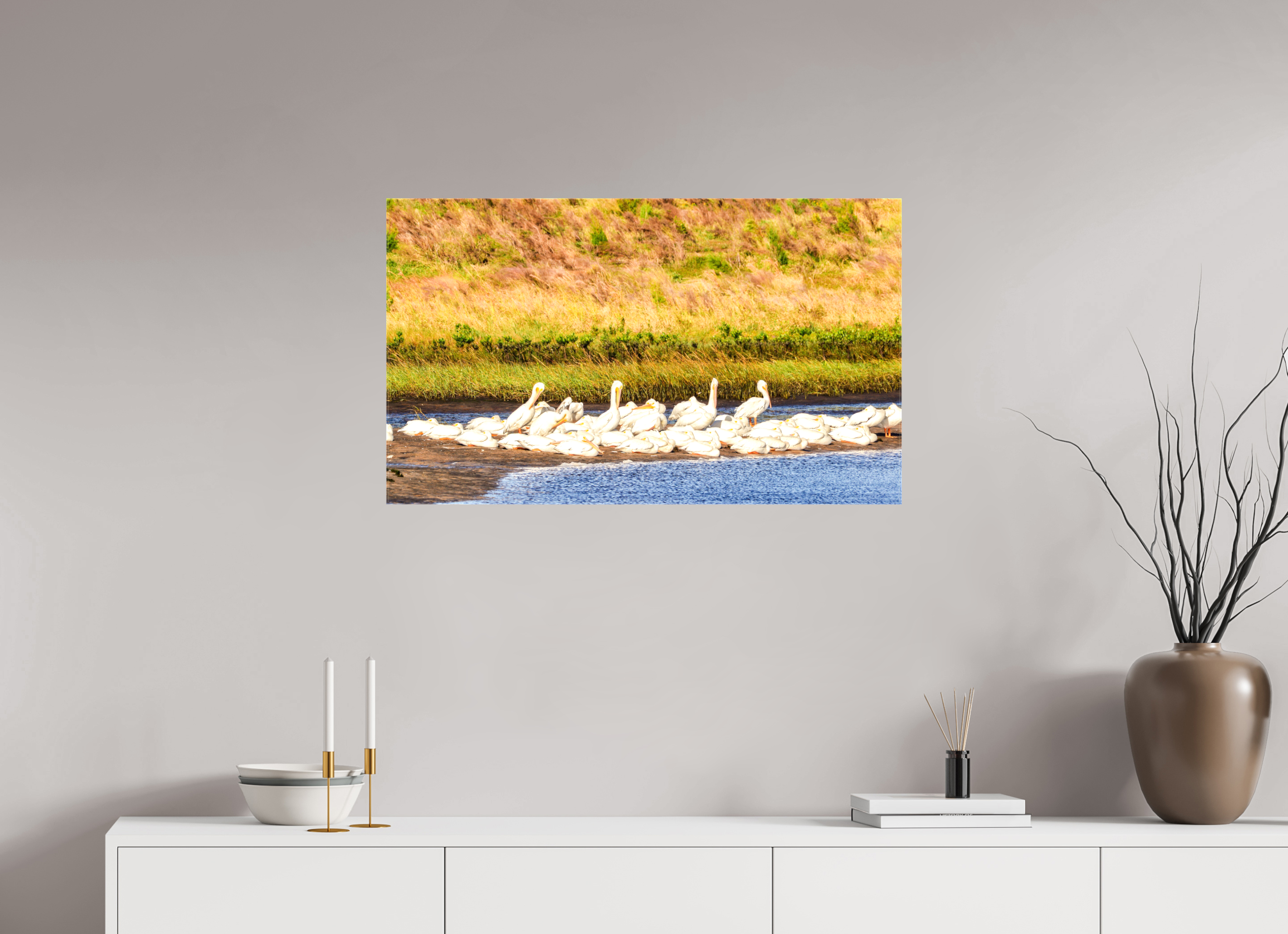 33.9 x 20″, Glossy Canvas on Stretcher Frame, 1,57" Wrapped White Pelicans Golden Hour Gathering