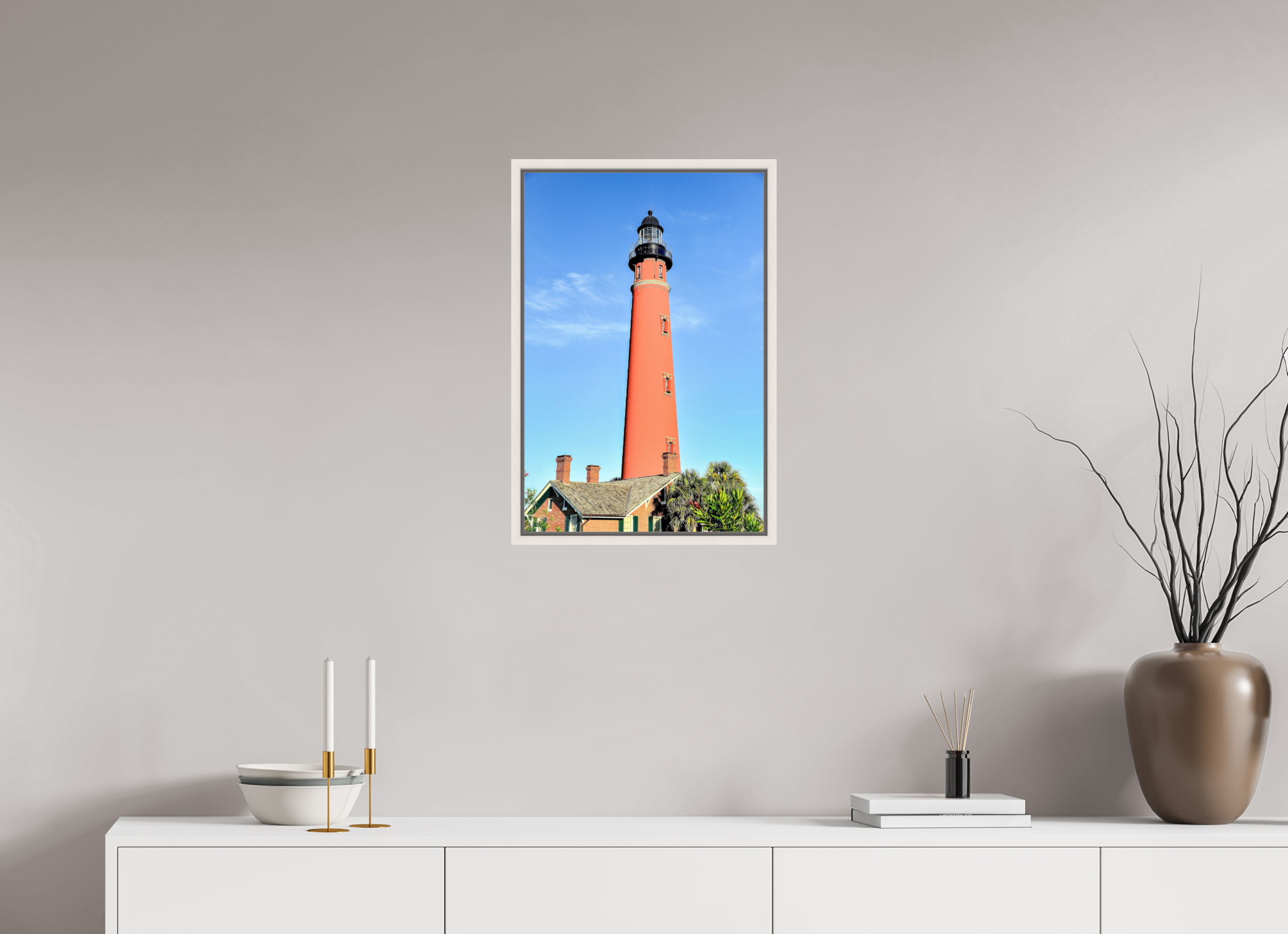 16 x 24″, Floater Frame, Basel 0.6", Maple White, Glossy Acrylic Glass Historic Red Brick Ponce de Leon Lighthouse