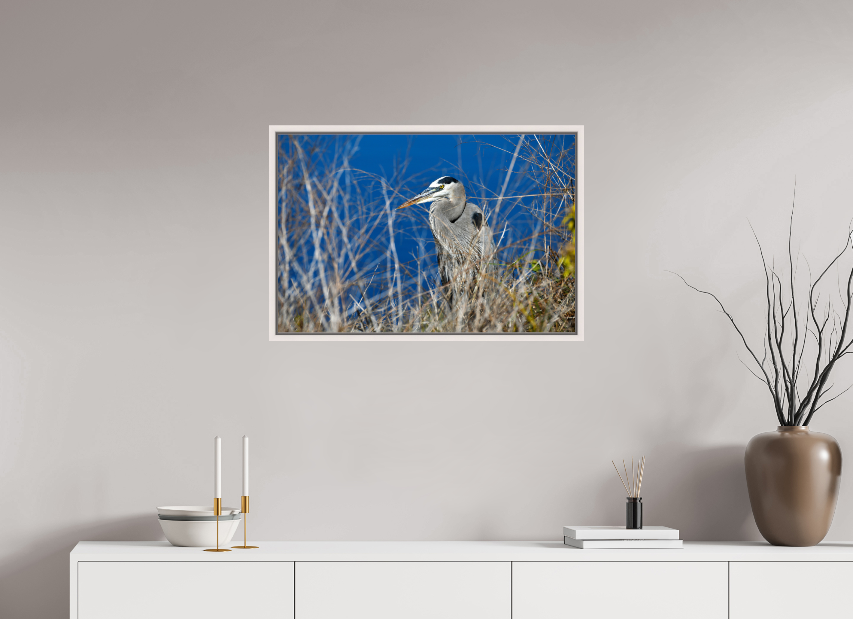 30 x 20″, Floater Frame, Basel 0.6", Maple White, Glossy Acrylic Glass Hidden Majesty: Great Blue Heron