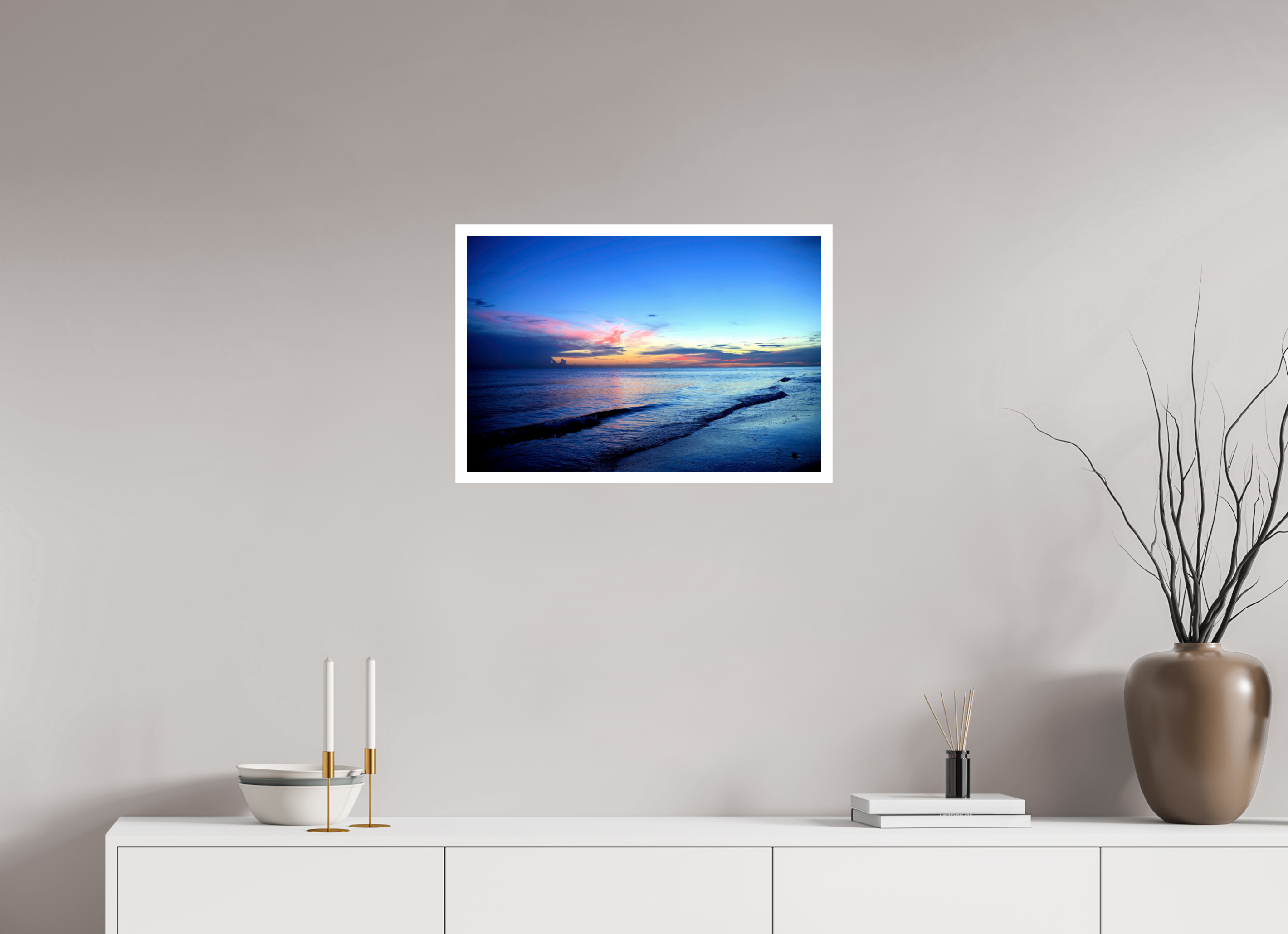 24 x 16″, Hahnemühle FineArt Pearl Print, .79" white border Indigo Horizon