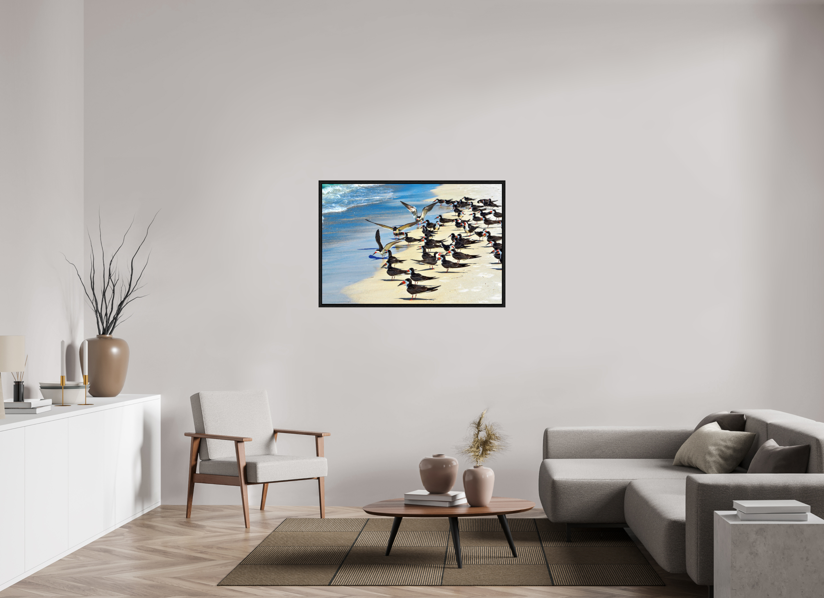 45 x 30″, Floater Frame, Basel 0.6", Black Oak, Glossy Acrylic Glass Shoreline Social: Black Skimmer Colony