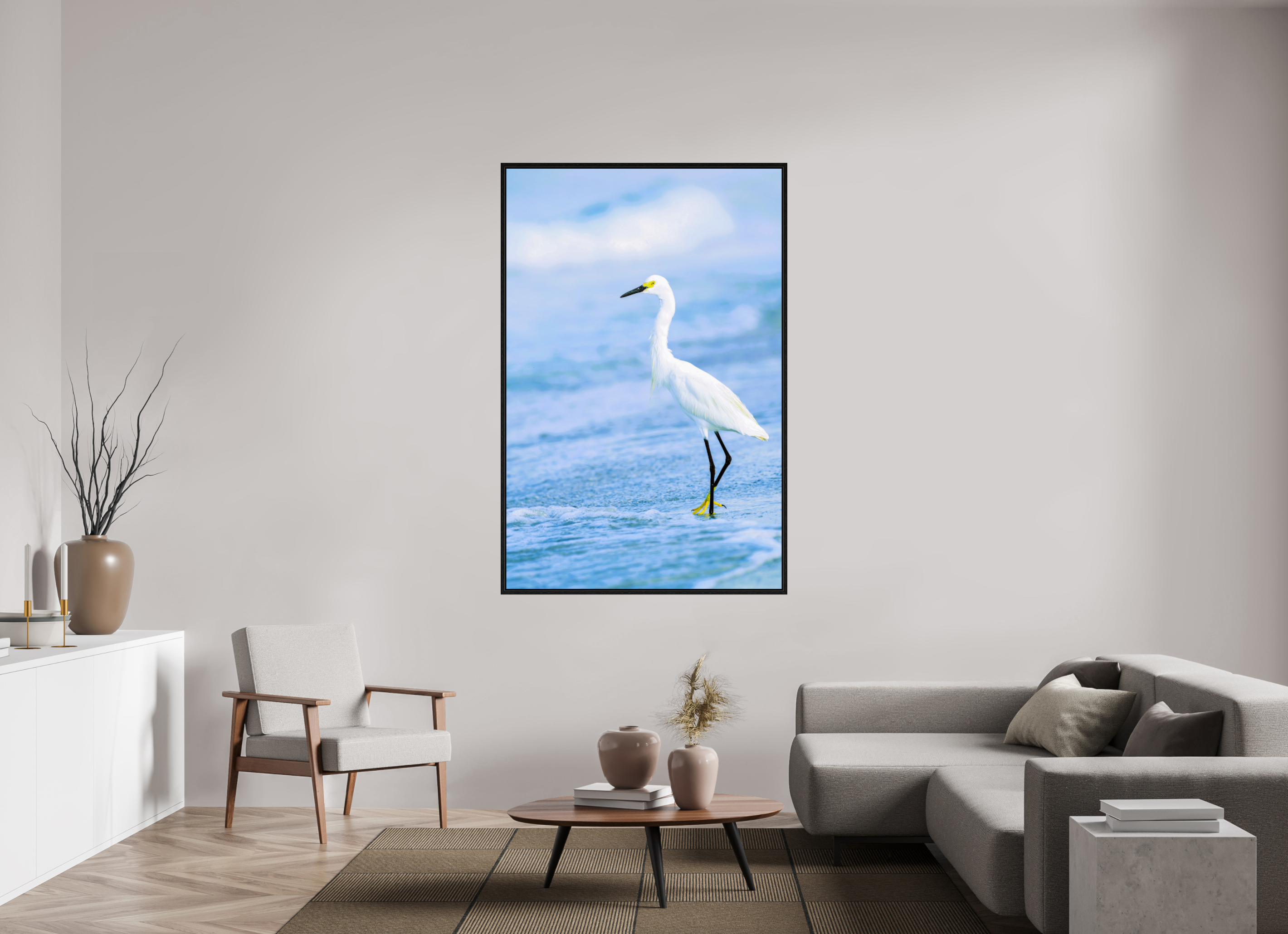 43 x 65.6″, Floater Frame, Basel 0.6", Black Oak, Glossy Acrylic Glass Snowy Egret in Azure