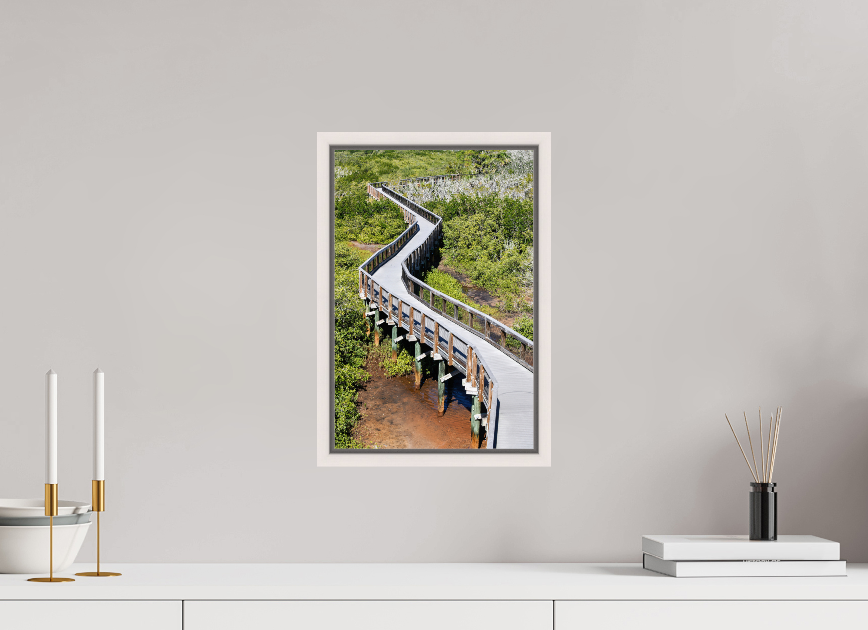 10 x 15″, Floater Frame, Basel 0.6", Maple White, Glossy Acrylic Glass The Winding Way