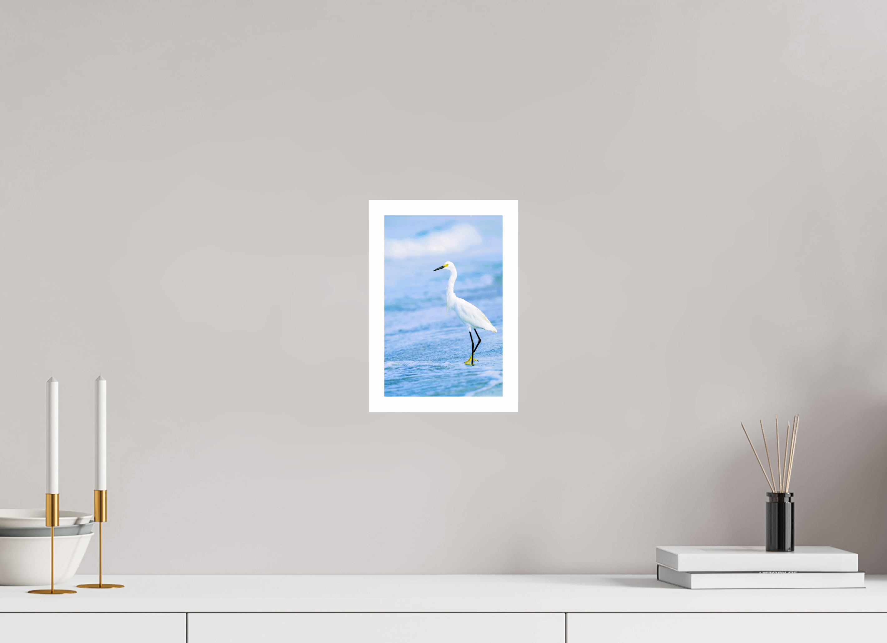6 x 9.2″, Hahnemühle FineArt Pearl Print, .79" white border Snowy Egret in Azure