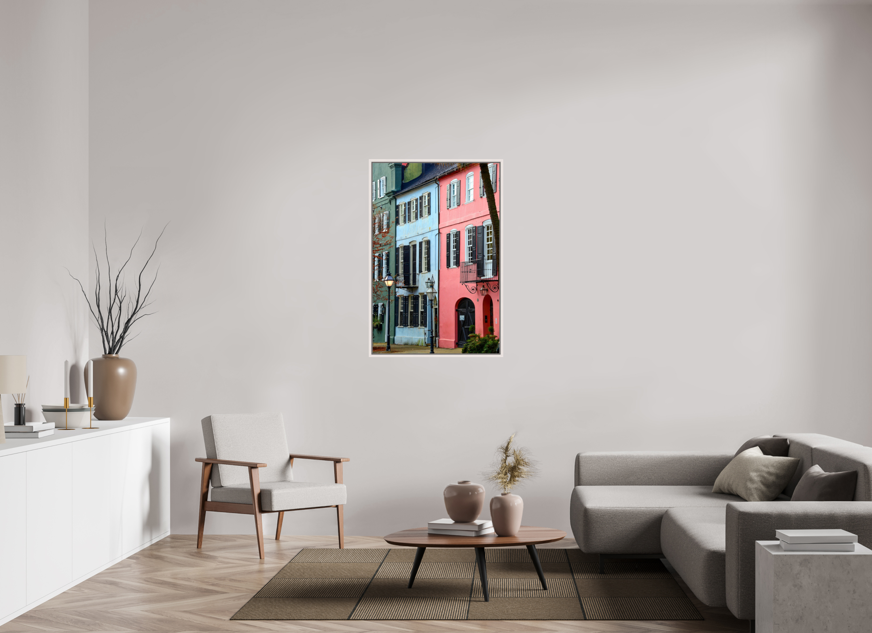 30 x 45″, Floater Frame, Basel 0.6", Maple White, Glossy Acrylic Glass Rainbow Row