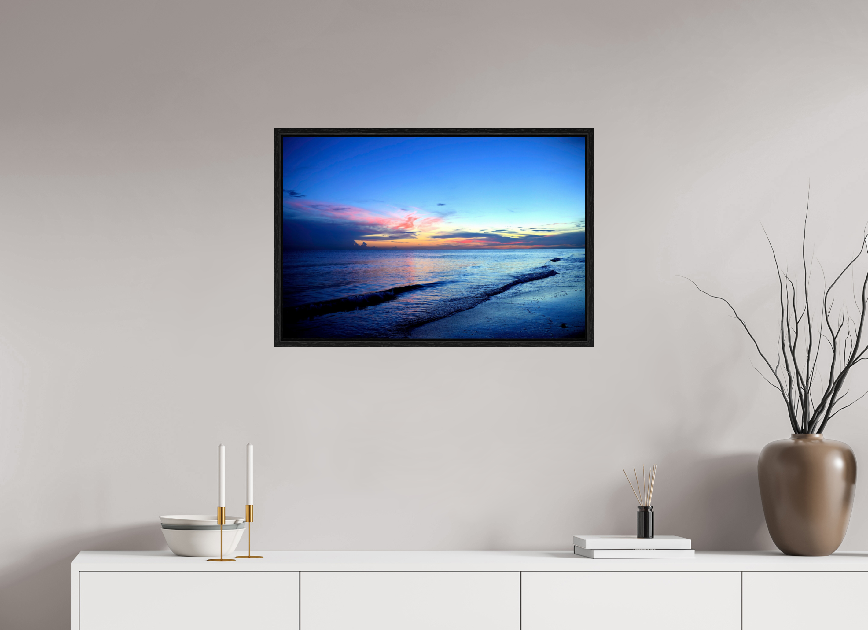30 x 20″, Floater Frame, Basel 0.6", Black Oak, Glossy Acrylic Glass Indigo Horizon