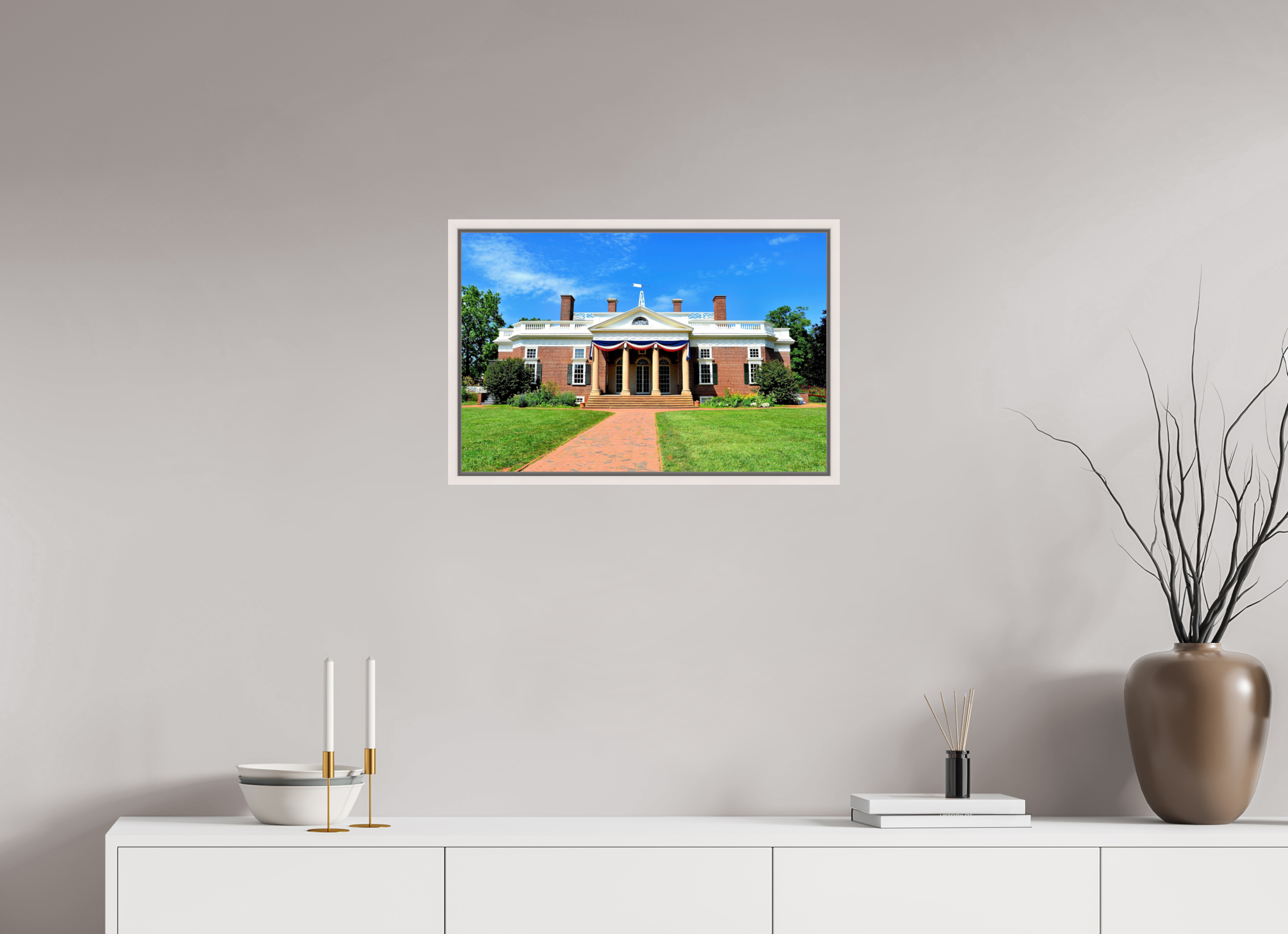 24.4 x 16″, Floater Frame, Basel 0.6", Maple White, Glossy Acrylic Glass Jefferson’s Masterpiece: Monticello at Midday