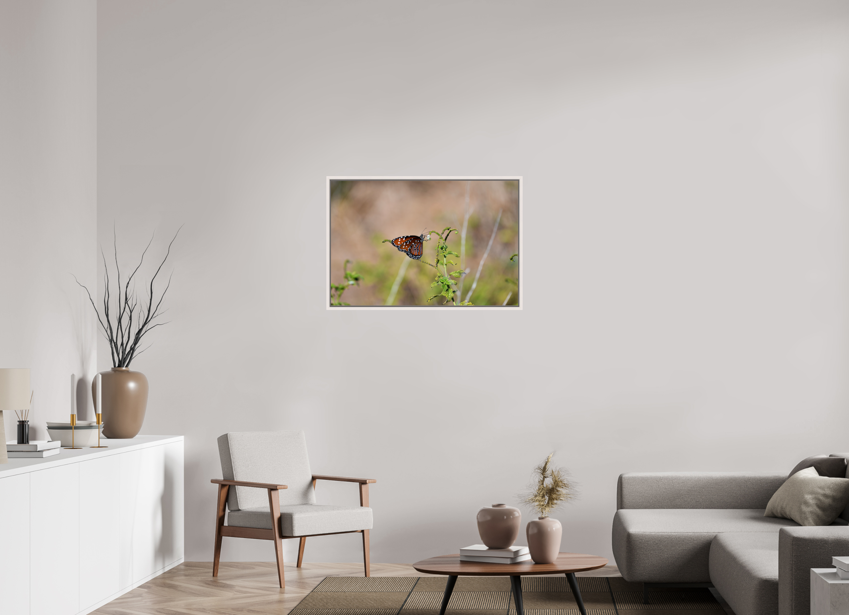 36 x 24″, Floater Frame, Basel 0.6", Maple White, Glossy Acrylic Glass Queen Butterfly