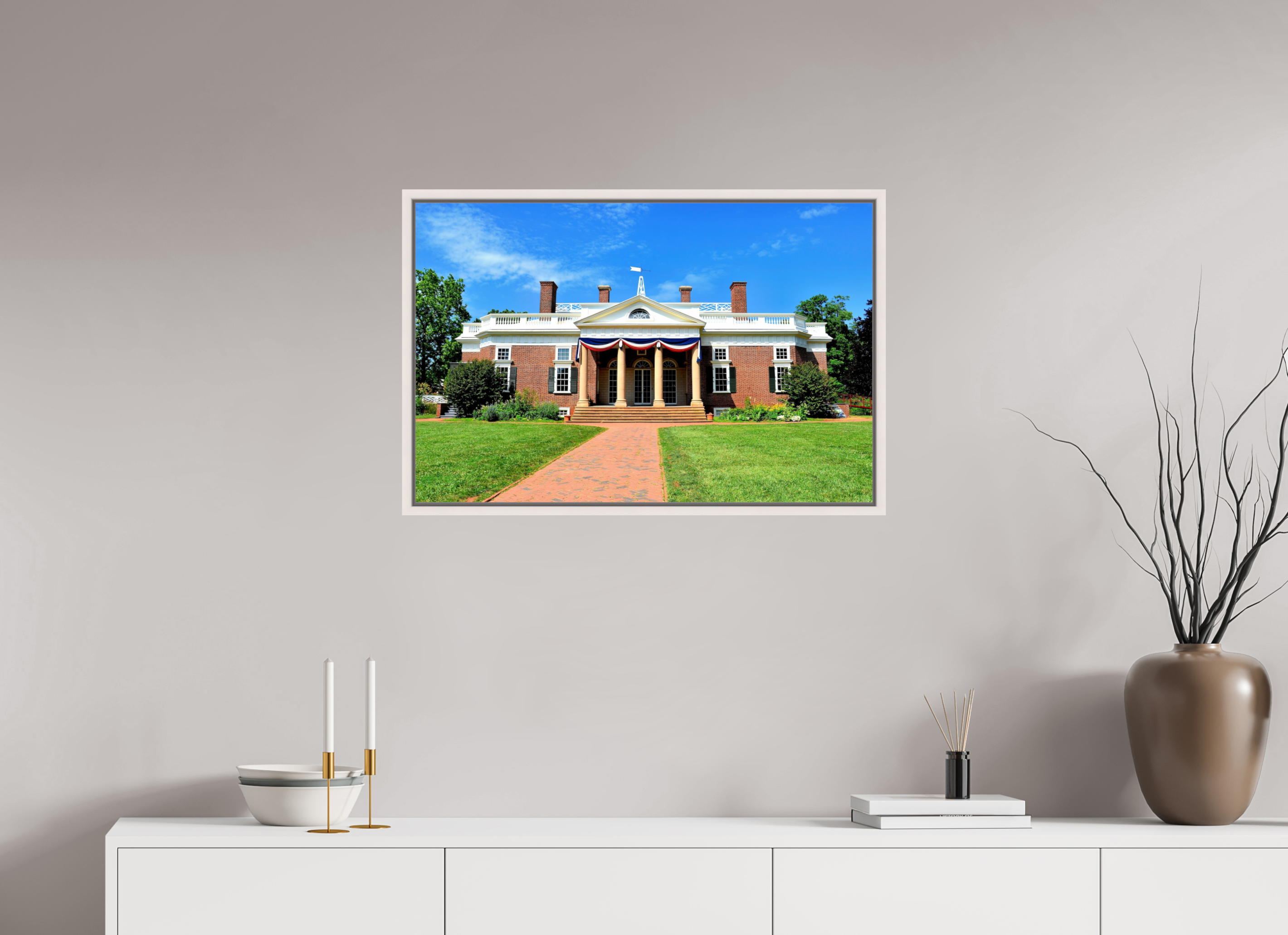 30.6 x 20″, Floater Frame, Basel 0.6", Maple White, Glossy Acrylic Glass Jefferson’s Masterpiece: Monticello at Midday