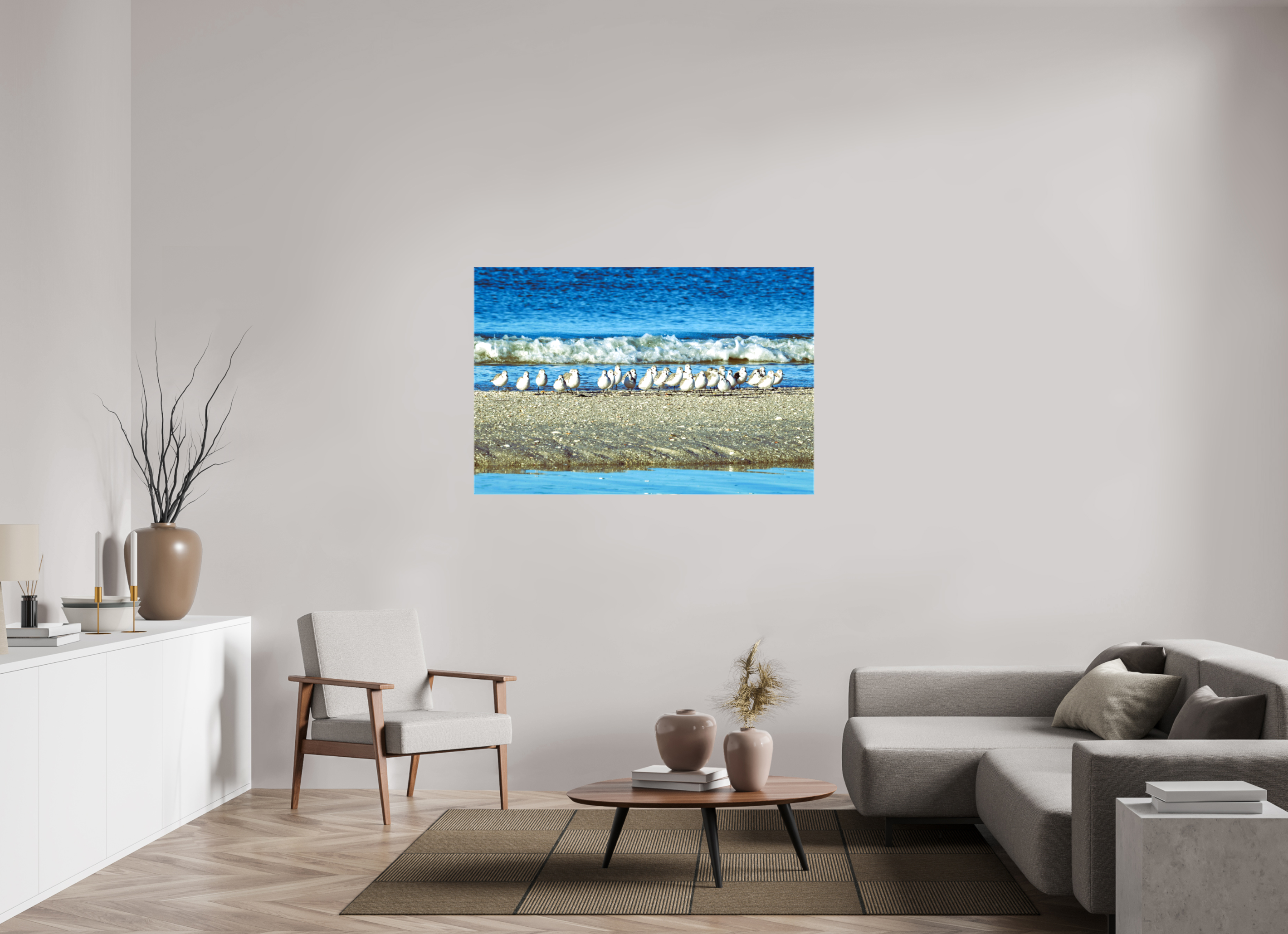 54 x 36″, Glossy Canvas on Stretcher Frame, 1,57" Wrapped Sanderlings on Standby