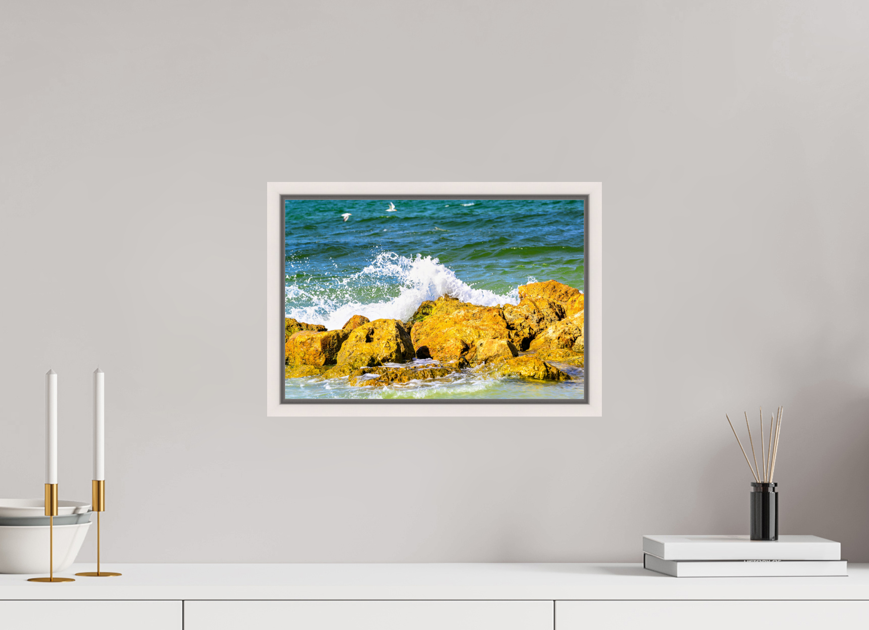 15 x 10″, Floater Frame, Basel 0.6", Maple White, Glossy Acrylic Glass Waves Breaking