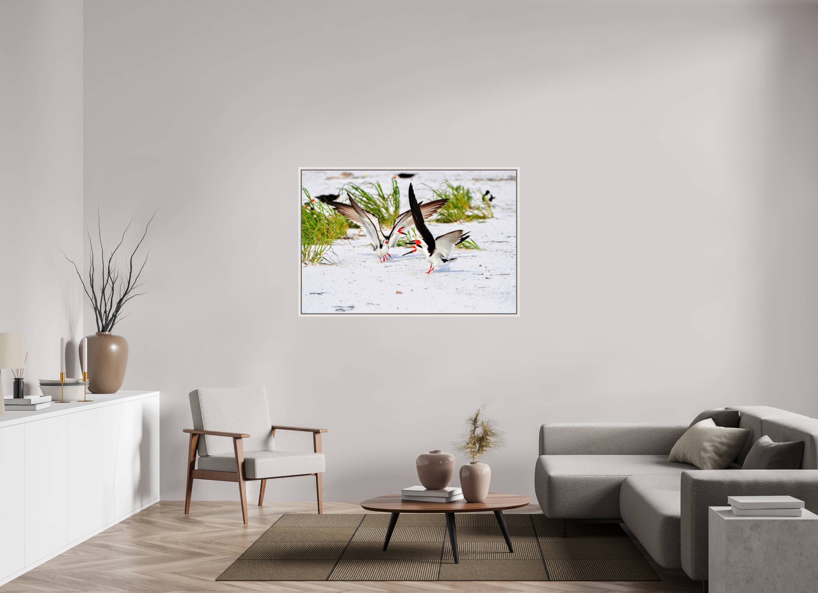 54 x 36″, Floater Frame, Basel 0.6", Maple White, Glossy Acrylic Glass The Skimmer Dance