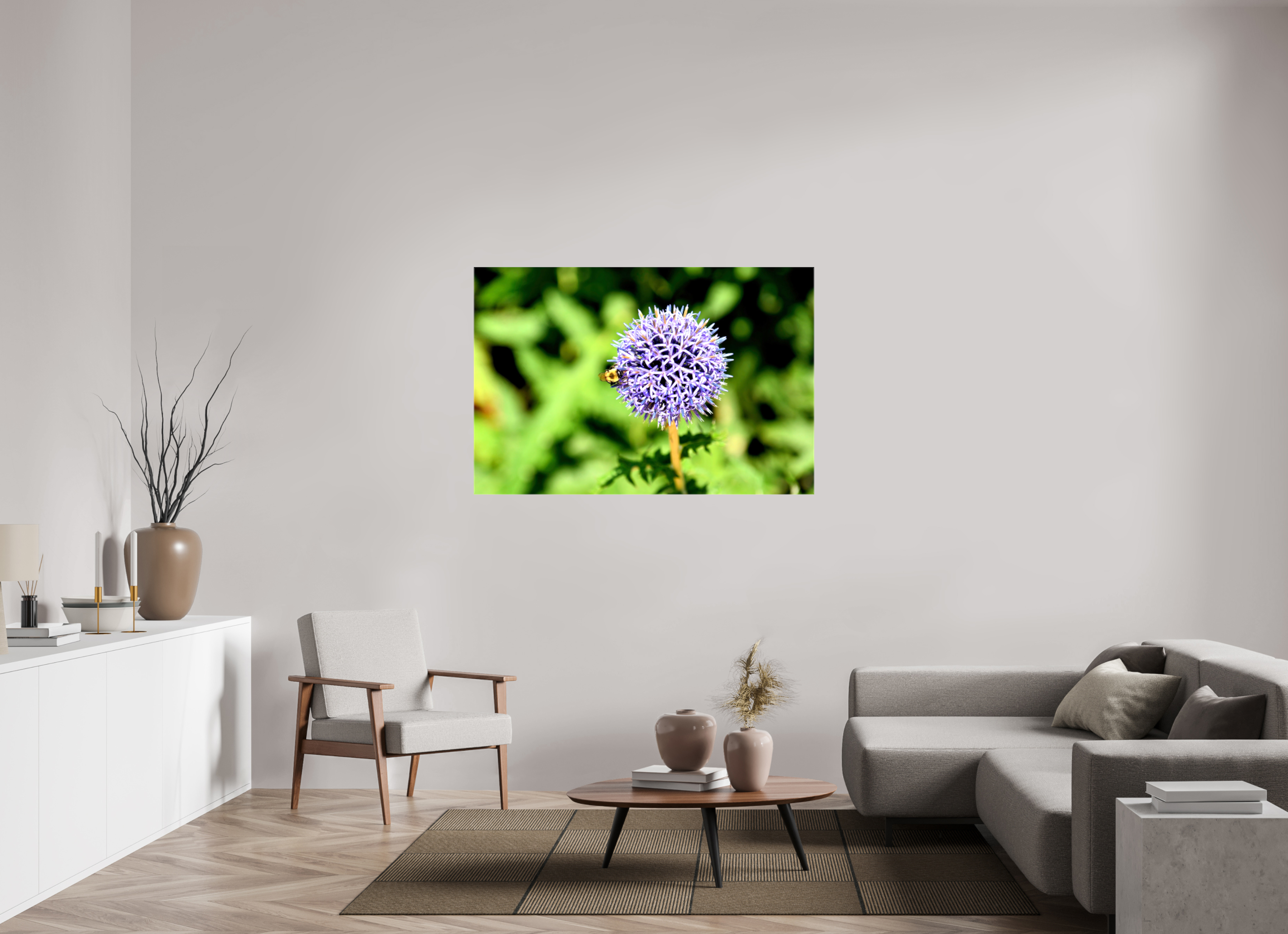54 x 36″, Glossy Canvas on Stretcher Frame, 1,57" Wrapped The Bee & The Globe Thistle (Echinops)