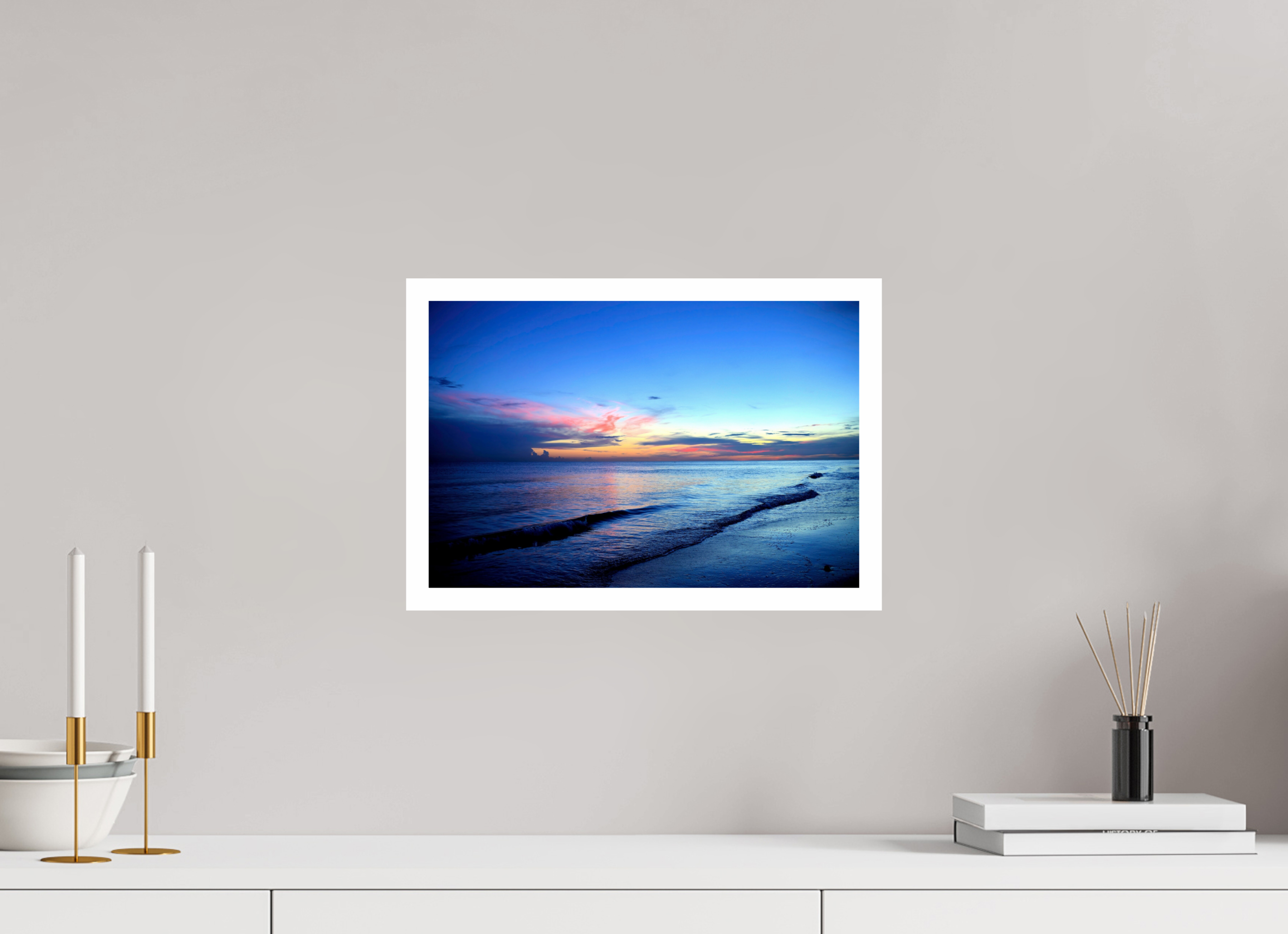15 x 10″, Hahnemühle FineArt Pearl Print, .79" white border Indigo Horizon