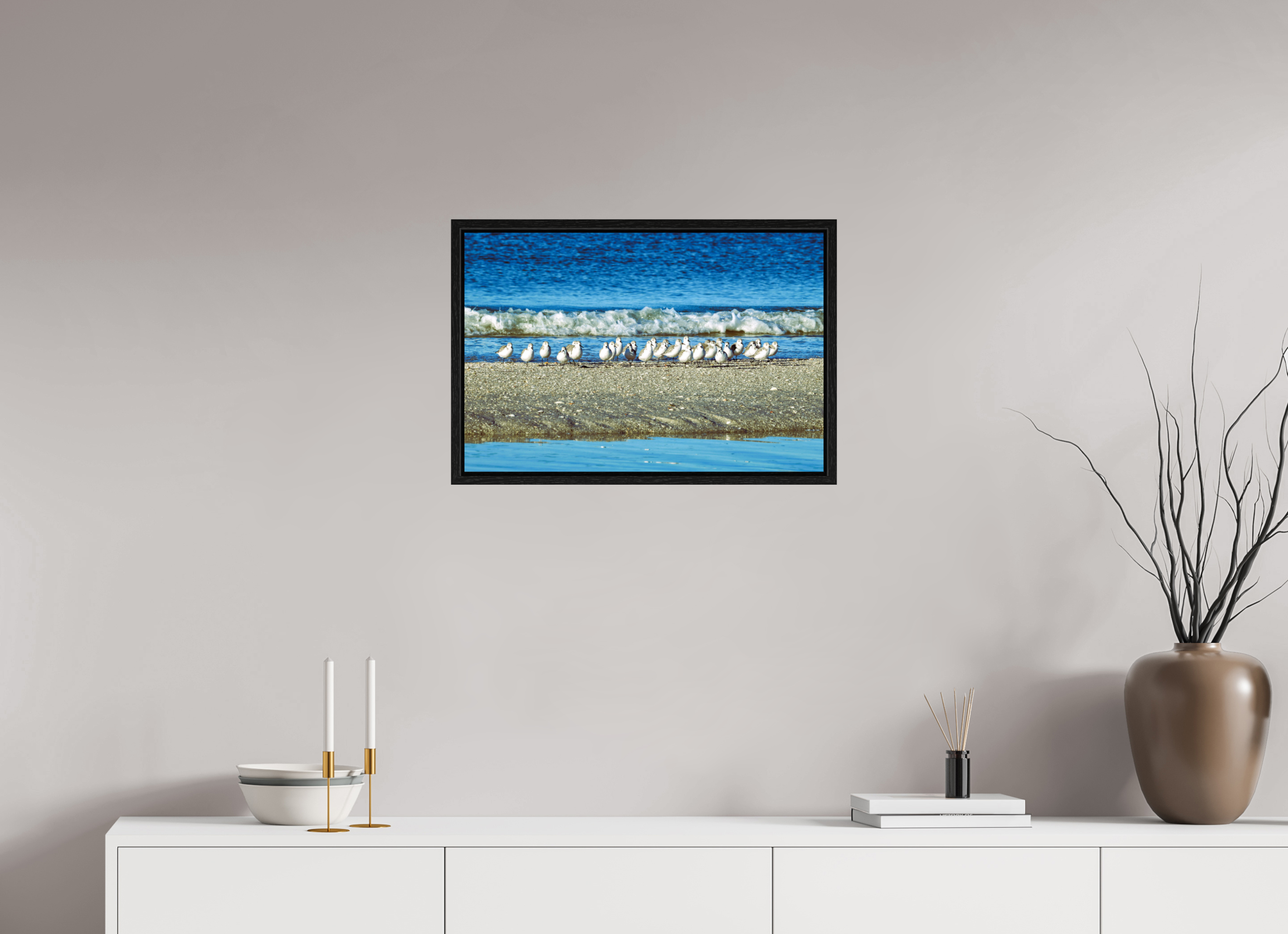 24 x 16″, Floater Frame, Basel 0.6", Black Oak, Glossy Acrylic Glass Sanderlings on Standby