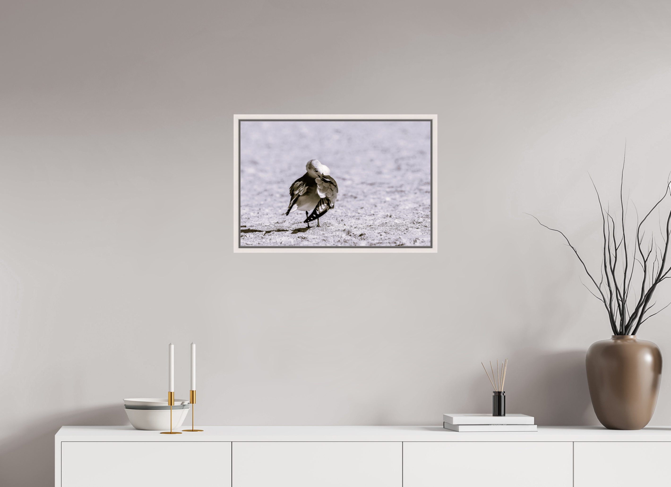 24.4 x 16″, Floater Frame, Basel 0.6", Maple White, Glossy Acrylic Glass Preening Gull
