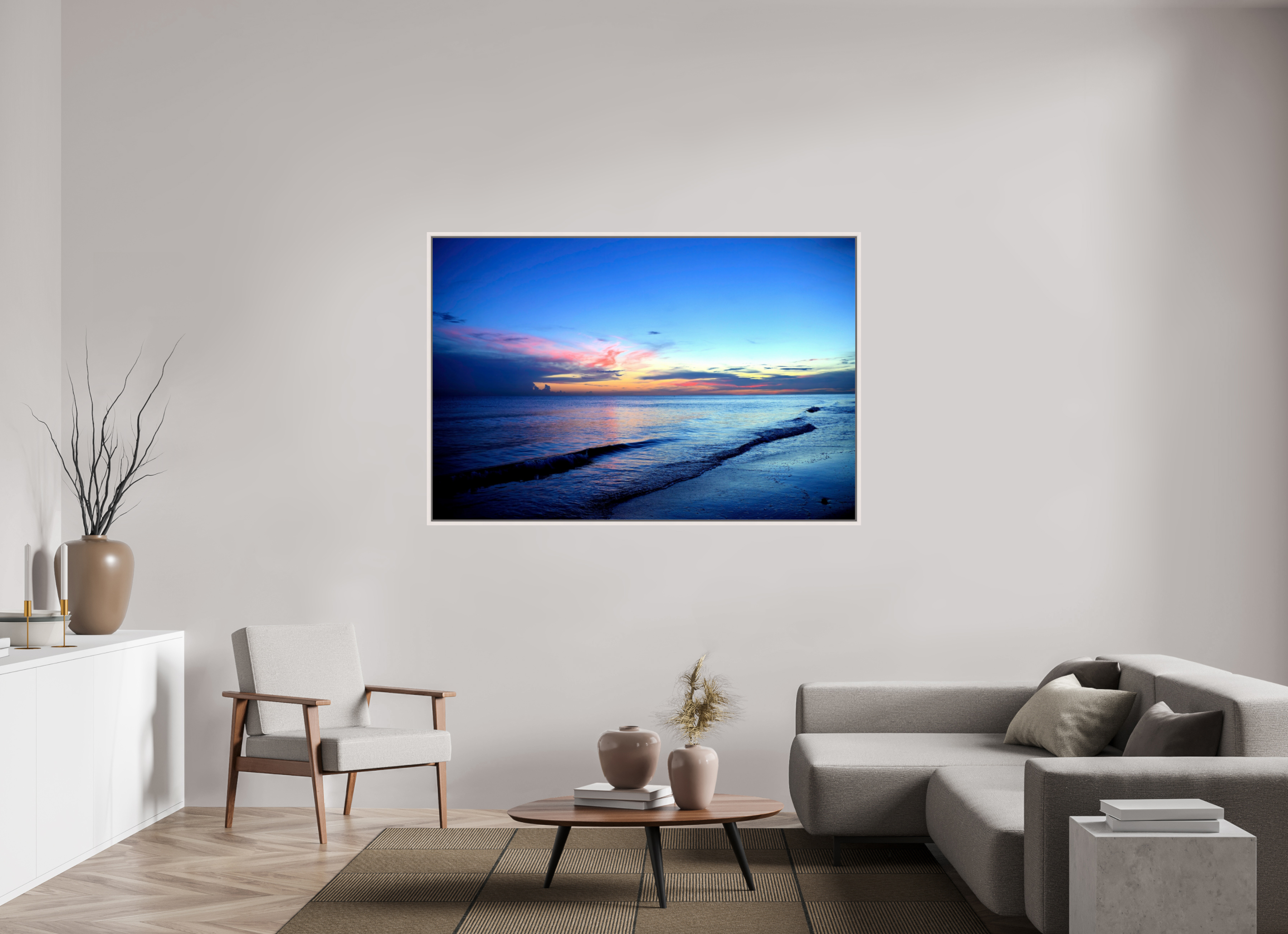 66 x 44″, Floater Frame, Basel 0.6", Maple White, Glossy Acrylic Glass Indigo Horizon