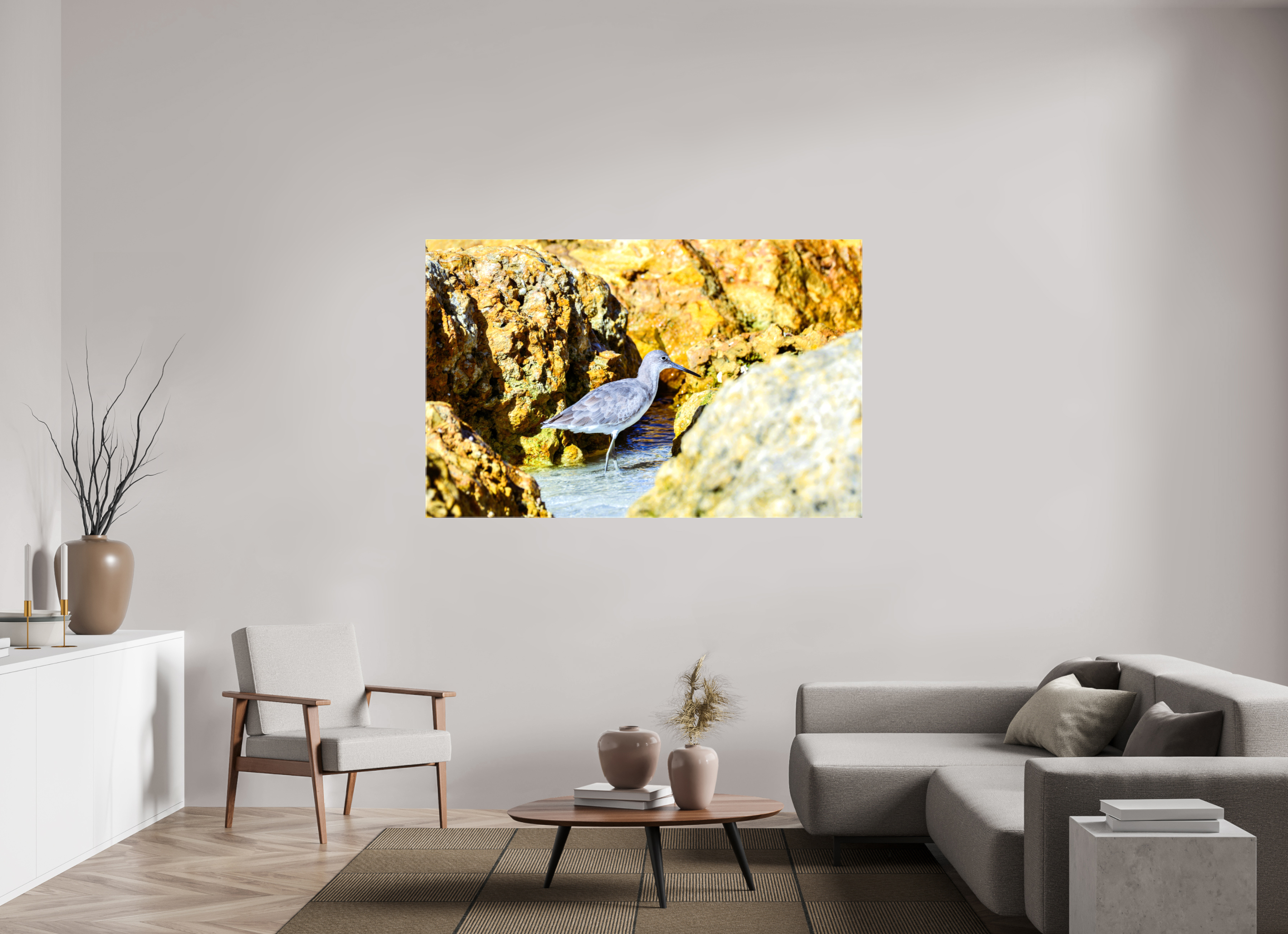 67.6 x 43″, Glossy Canvas on Stretcher Frame, 1,57" Wrapped The Hiding Willet