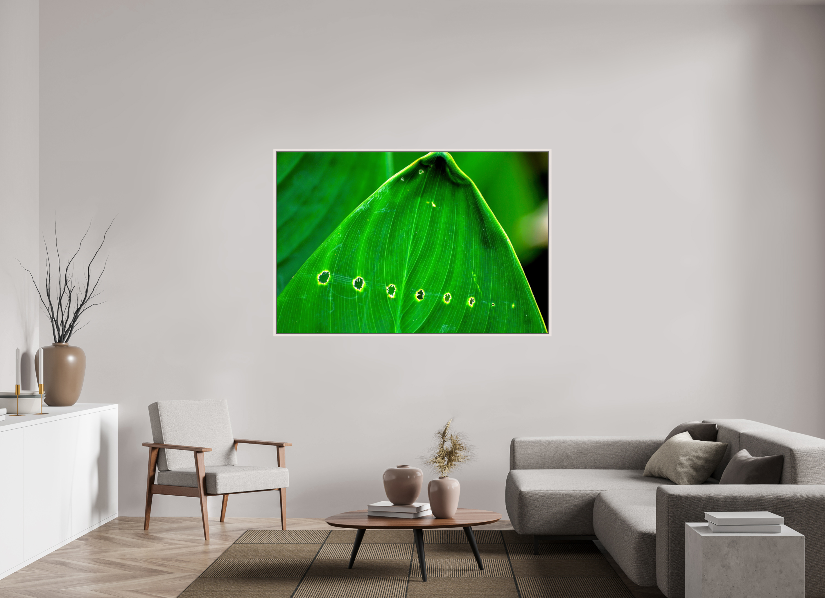 66 x 44″, Floater Frame, Basel 0.6", Maple White, Glossy Acrylic Glass Linear Progression in Green