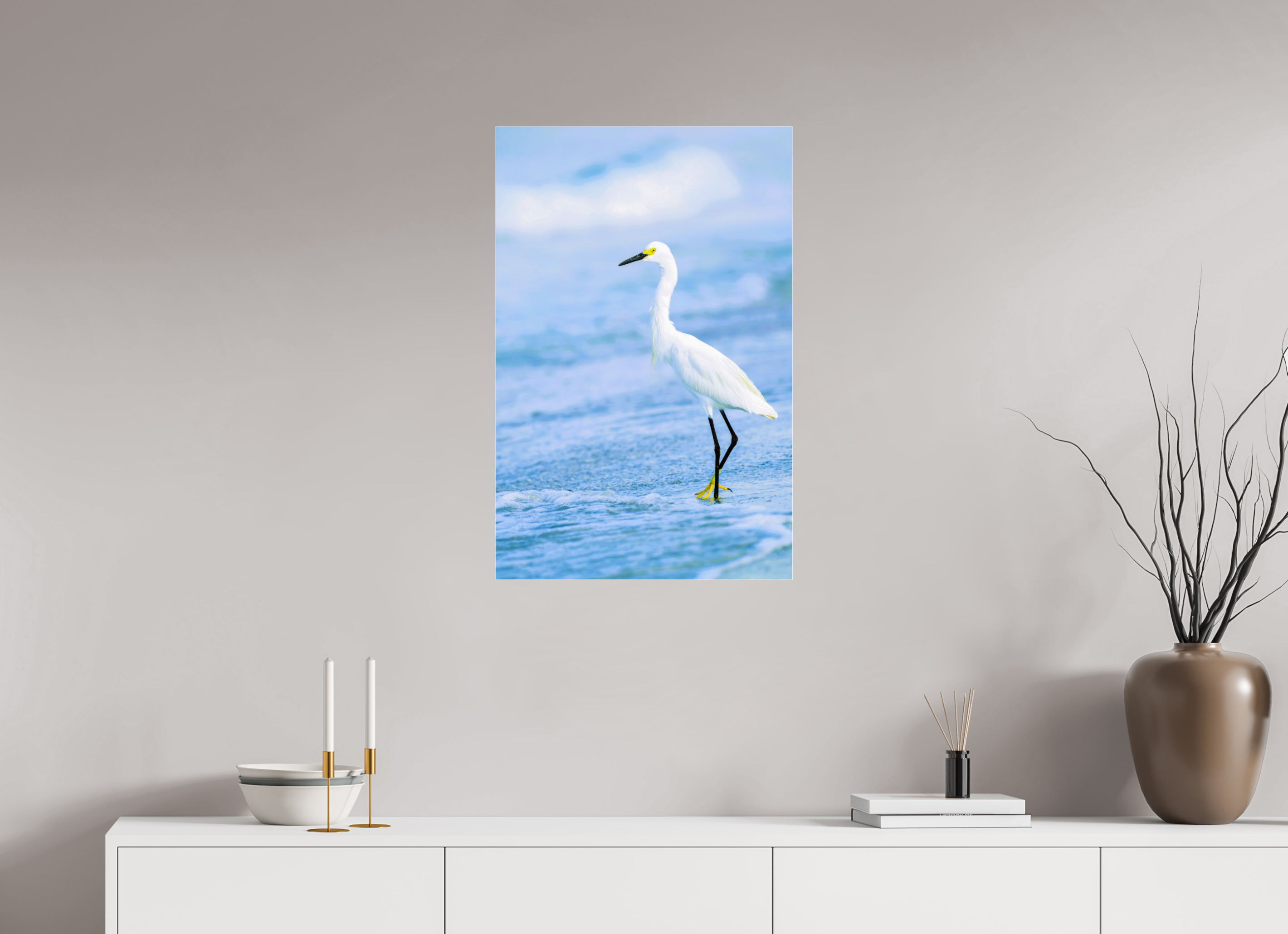 20 x 30.5″, Metallic Photo Print Under Acrylic Glass Snowy Egret in Azure