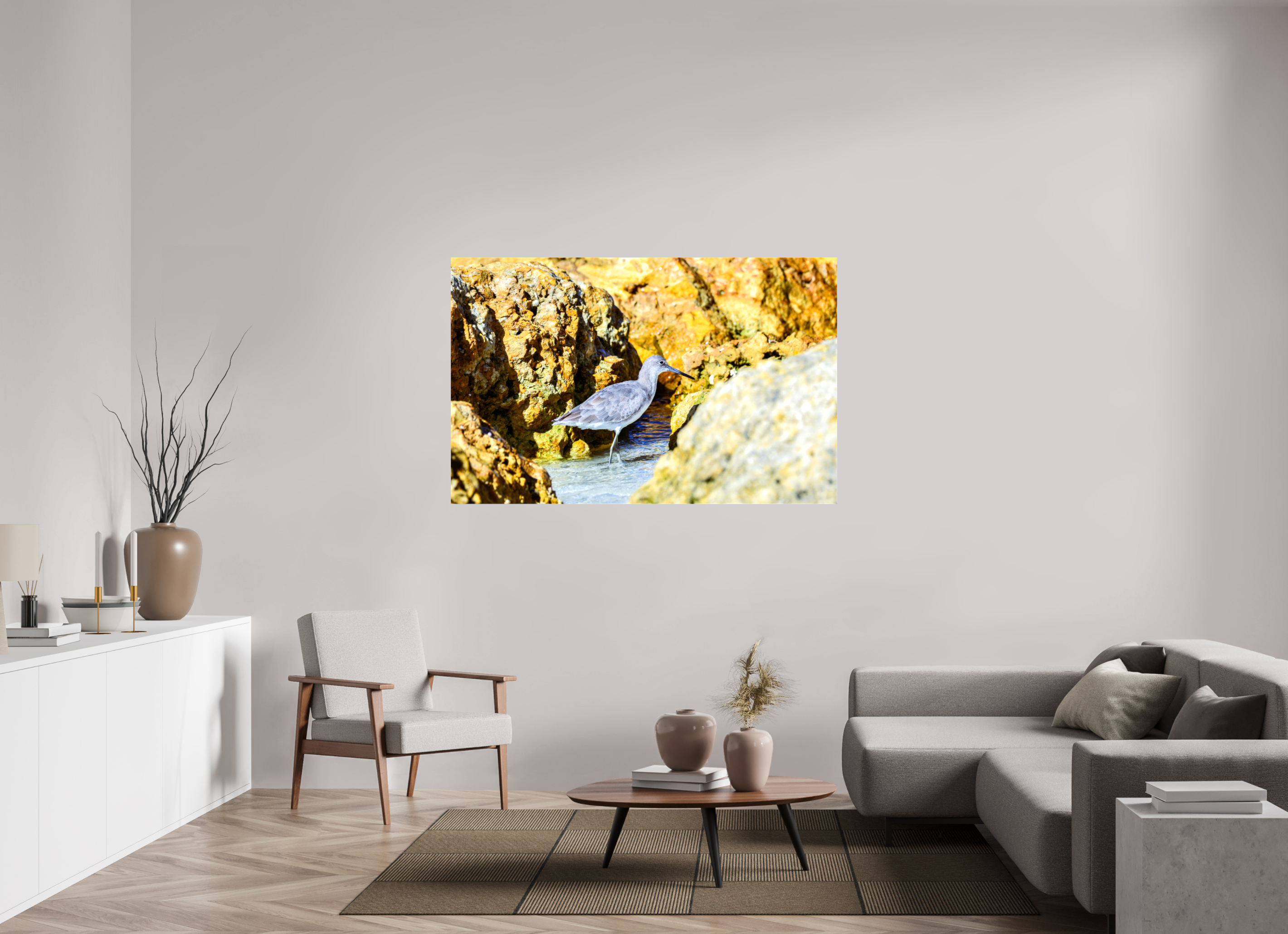 61.3 x 39″, Glossy Canvas on Stretcher Frame, 1,57" Wrapped The Hiding Willet