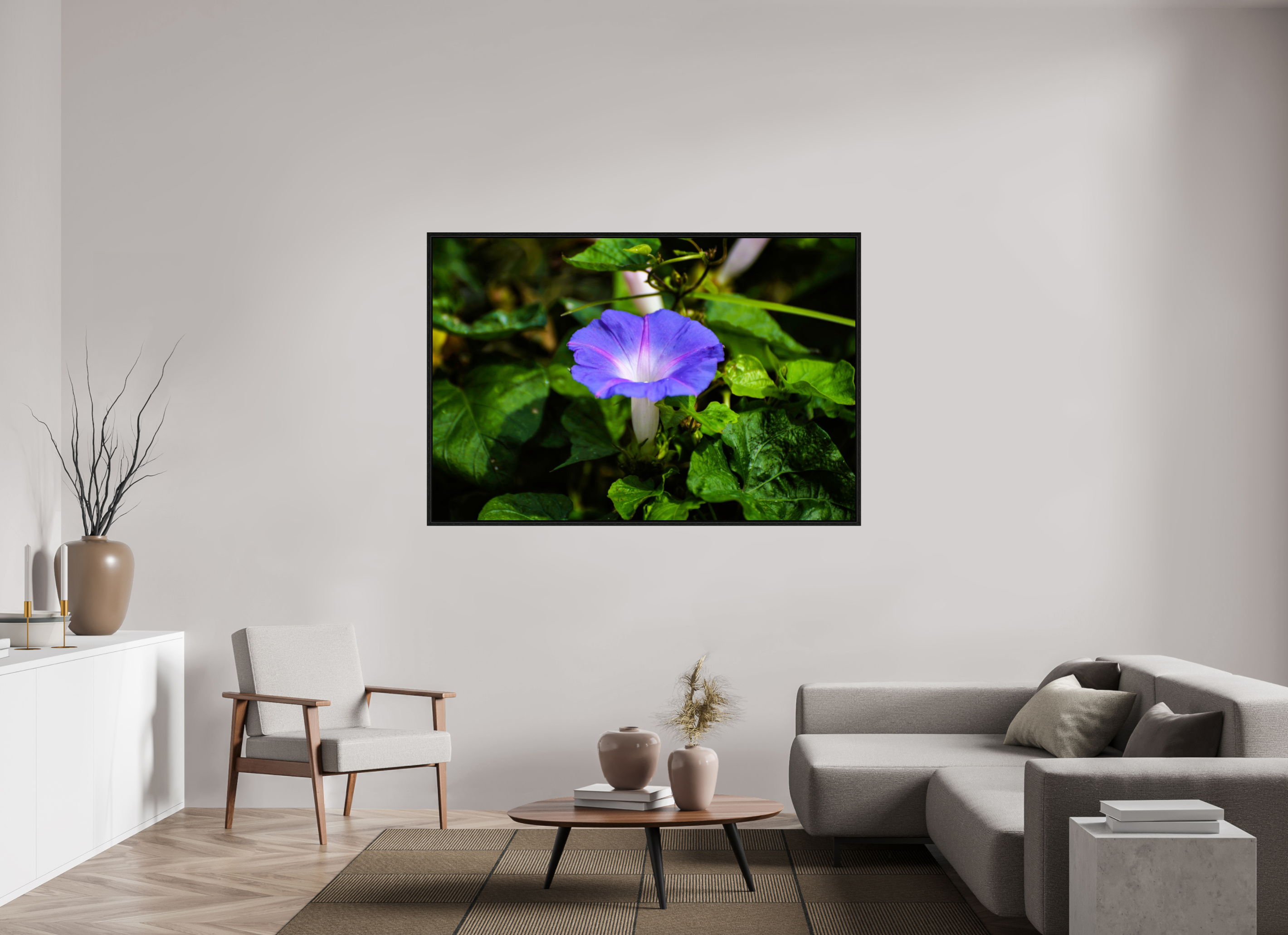 66 x 44″, Floater Frame, Basel 0.6", Black Oak, Glossy Acrylic Glass Heavenly Blue Morning Glory